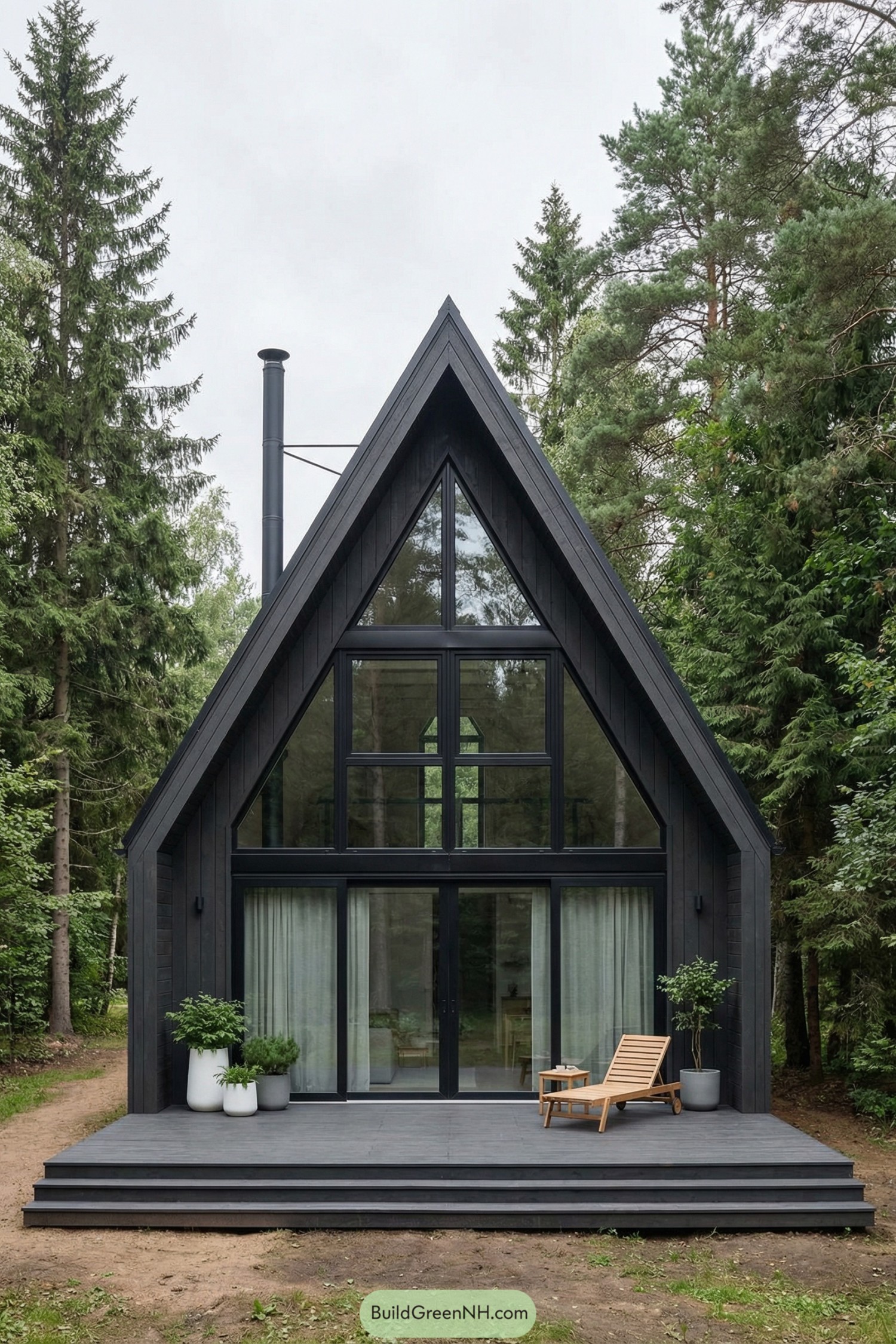Black A-frame forest cabin with tall glass facade, front deck, and lounge chair
