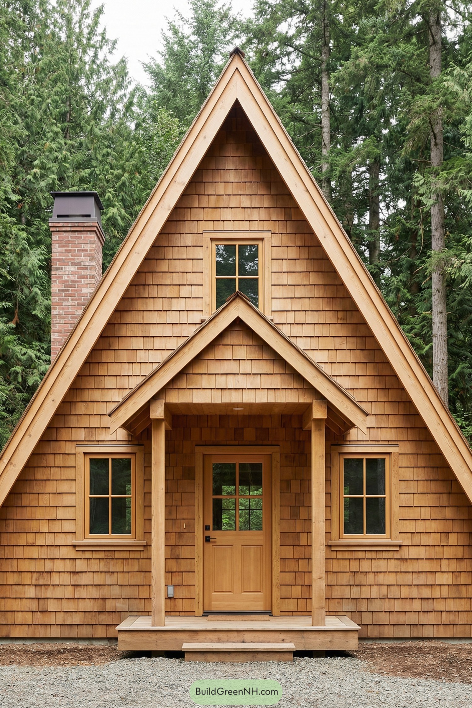 Cedar shingle A frame cabin with front porch and brick chimney surrounded by tall trees