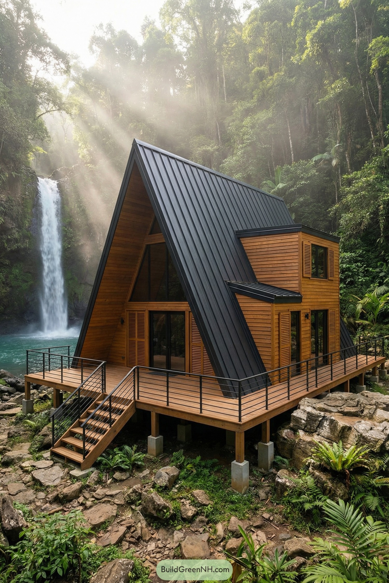 A frame cabin with black metal roof and warm wood siding perched on a deck beside a turquoise waterfall in dense forest