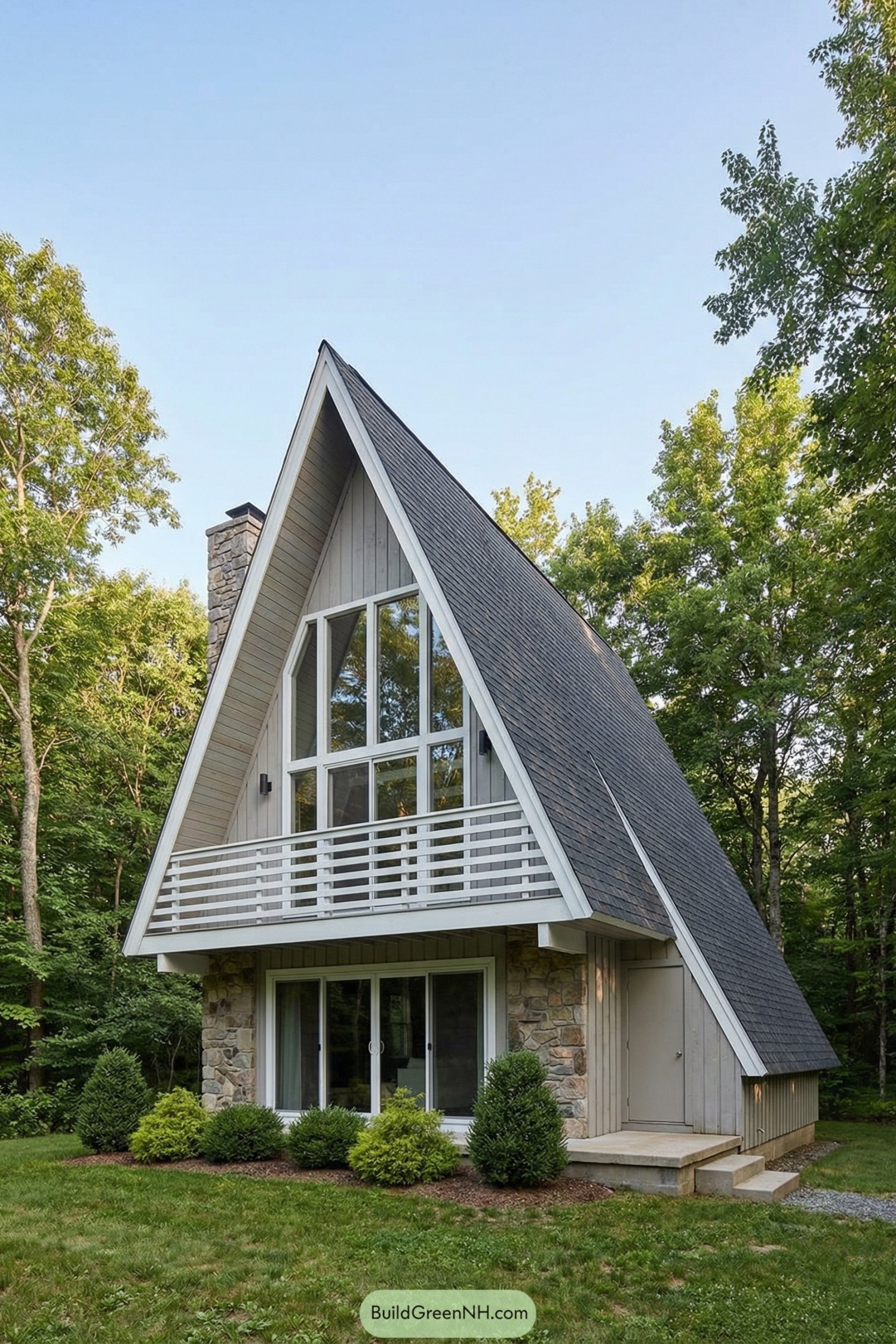 Tall A frame cabin with stone base and large front windows in a green forest setting