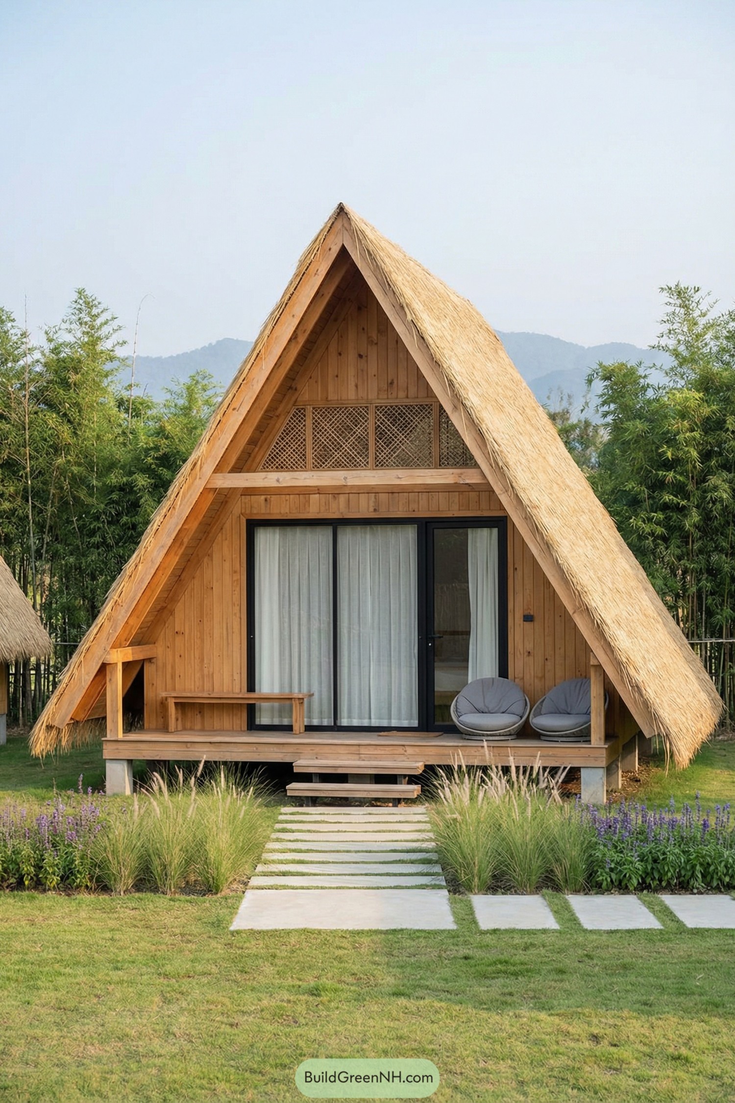 Small A frame cabin with thatched roof and wood front porch