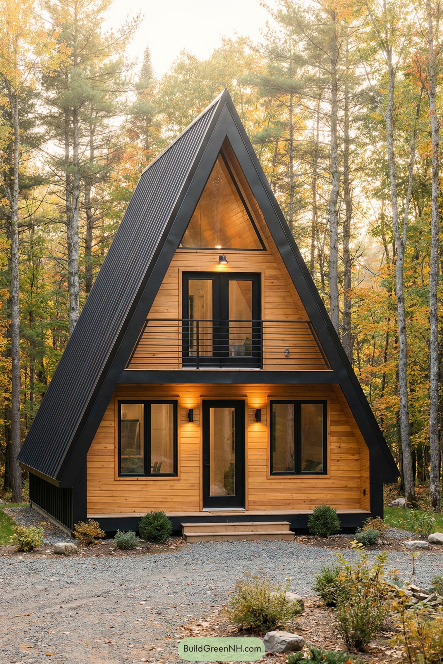 high-res photo of Simple A Frame House, tall symmetrical A-frame facade with sharp triangular silhouette, modern minimalist style, warm horizontal natural wood cladding recessed within a dark charcoal frame, steep black standing-seam metal roof extending down to the ground on both sides, narrow black eaves. Exterior colors in contrast: honey-toned wood, matte black metal, black window and door frames. Front elevation with three rectangular ground-floor windows and a central glazed single door with black frame, two matching wall sconces flanking the door, upper floor with central double glass French doors opening to a recessed balcony with slim black metal railing, additional exterior light above, and a large glazed panel set high in the apex, revealing warm wood interior. Small simple wooden step at the entrance, balcony deck in natural wood, gravel or compacted-earth forecourt with scattered low shrubs and stones, naturalistic landscaping with minimal intervention. Surrounding environment is a dense tall forest of slender trunks, mixed evergreen and deciduous trees in early autumn colors of green, yellow, and orange, soft warm golden-hour lighting, slightly hazy background, calm and picture-worthy forest clearing. single real-life photo, high-resolution, architectural photography, soft lighting, cinematic composition, strictly no collages