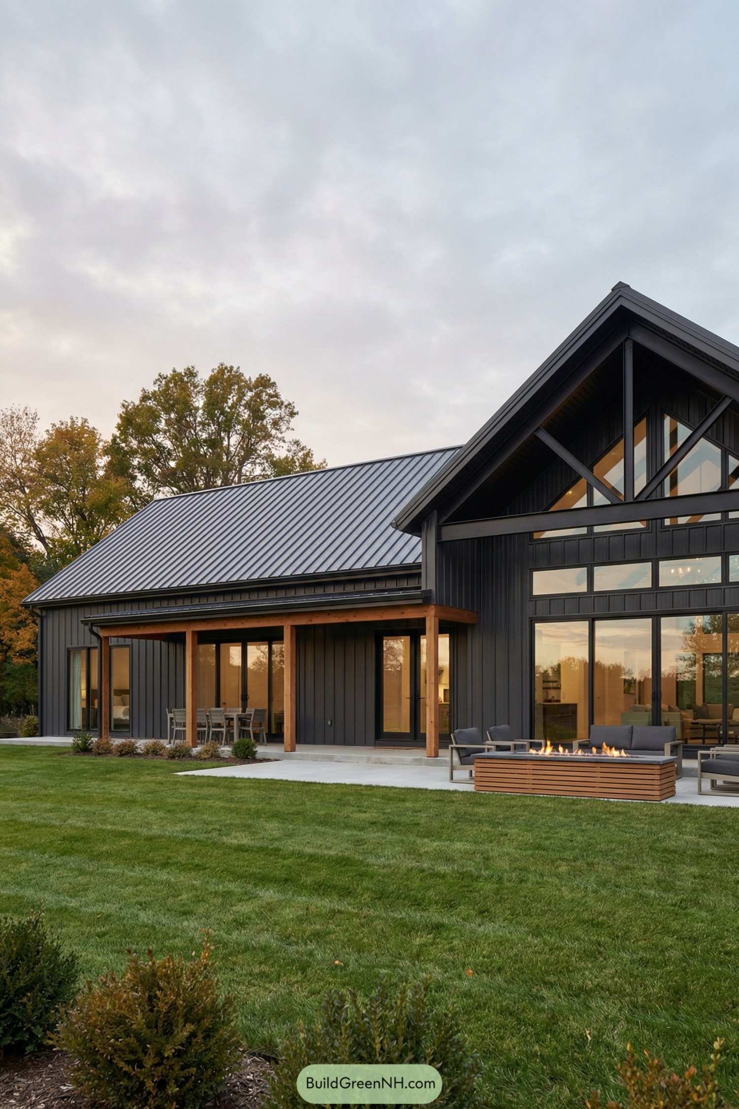 high-res photo of single floor barndominium, dark charcoal vertical metal siding facade, modern farmhouse style with clean lines, long rectangular shape with a taller gabled great-room volume on the right, matte dark standing-seam metal gable roof with deep eaves, large floor-to-ceiling glass panels and sliding doors along the main elevation, triangular clerestory windows in the gable end exposing black steel trusses, narrow vertical accent windows between glass bays, warm wood post-and-beam porch structure running along the front with simple square posts, recessed main entry door set under the porch with full-height glass and sidelights, extended concrete patio wrapping around the glazed elevation with outdoor dining set, lounge seating, and a low linear fire pit framed by horizontal wood slats. This single floor barndominium sits on a wide manicured lawn of evenly mowed grass, minimal low shrubs at the base of the facade, a few potted plants near the entry, open park-like surroundings with scattered mature trees in green and autumn tones, soft overcast sky with diffused evening light, calm rural setting emphasizing horizontal lines and reflections in the glass. style keywords: single floor barndominium, real-life photo, high-resolution, architectural photography, soft lighting, cinematic composition.