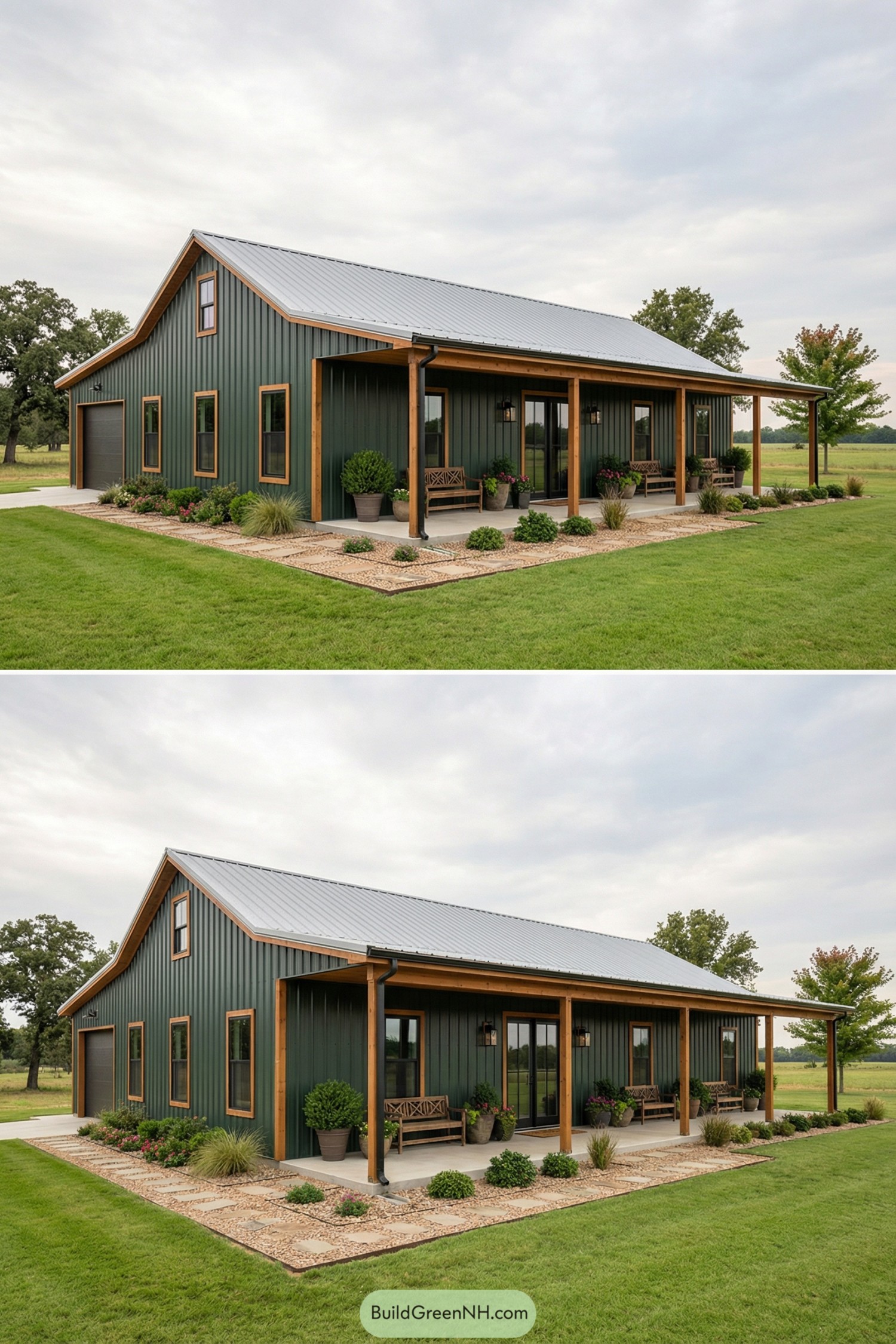 Green metal barndominium with long covered porch and simple farmhouse landscaping