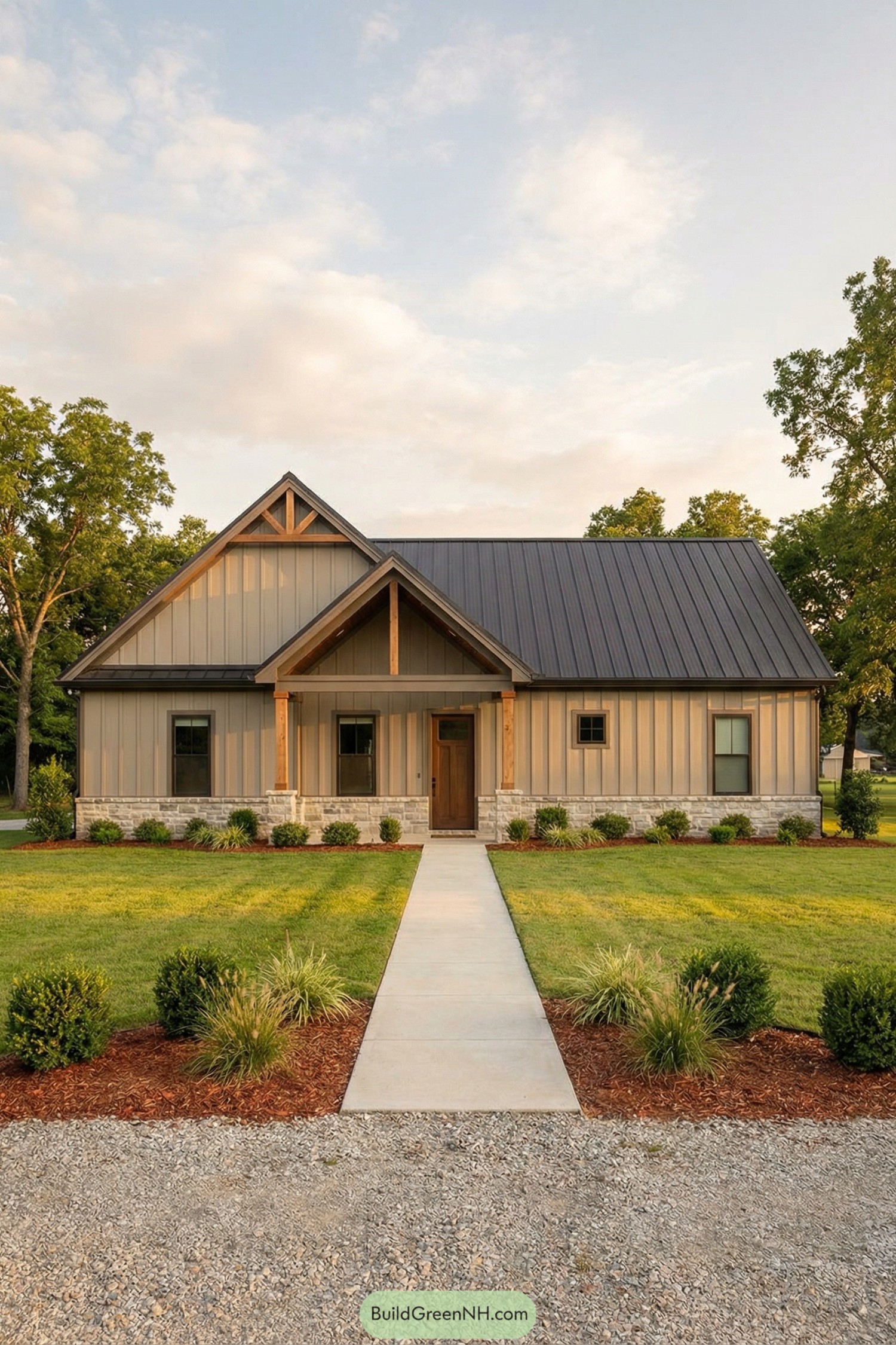 Single story barndominium with gabled porch and stone base set in a neatly landscaped yard