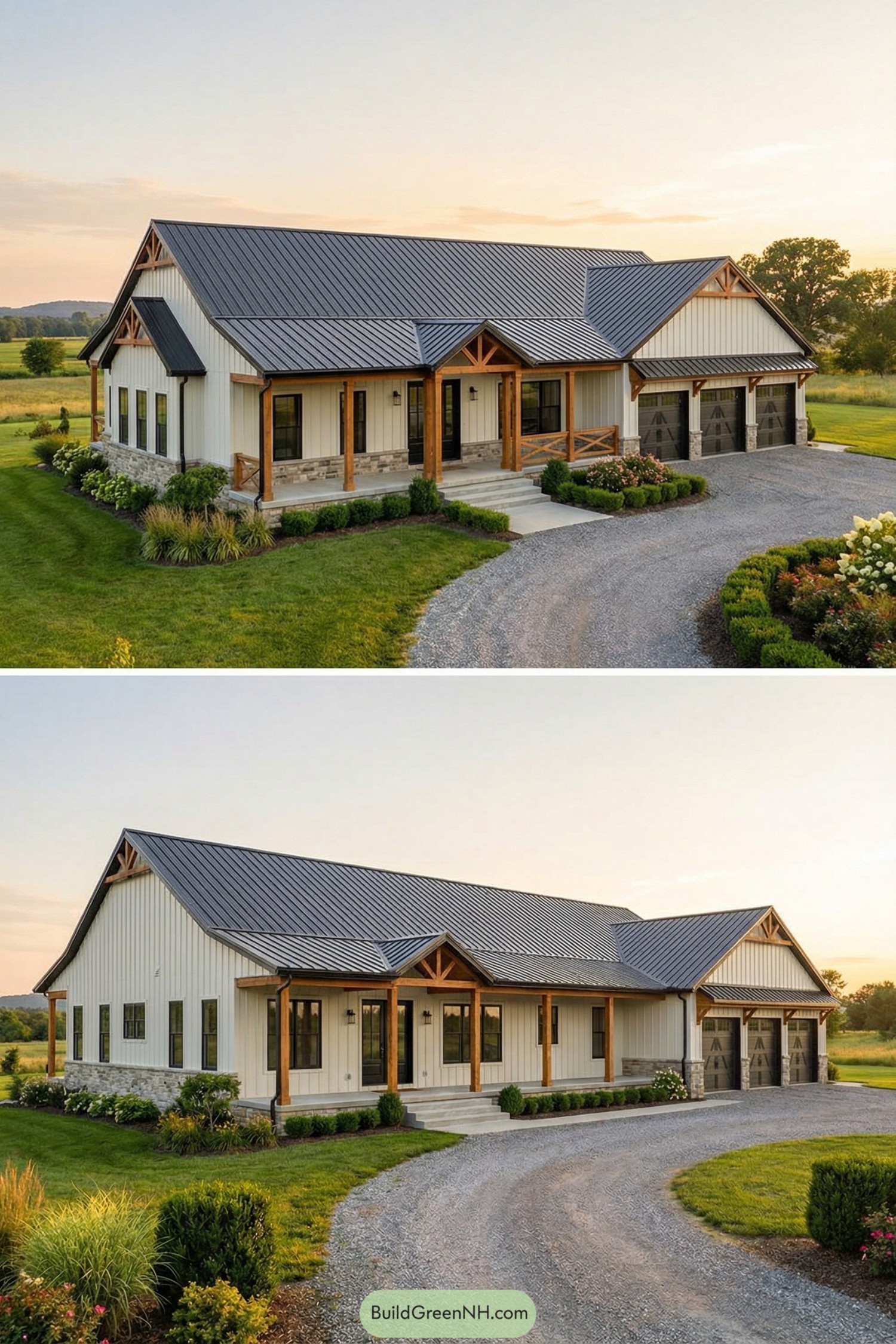 Single story barndominium with metal roof, timber porch, stone base, and attached three car garage set in open countryside