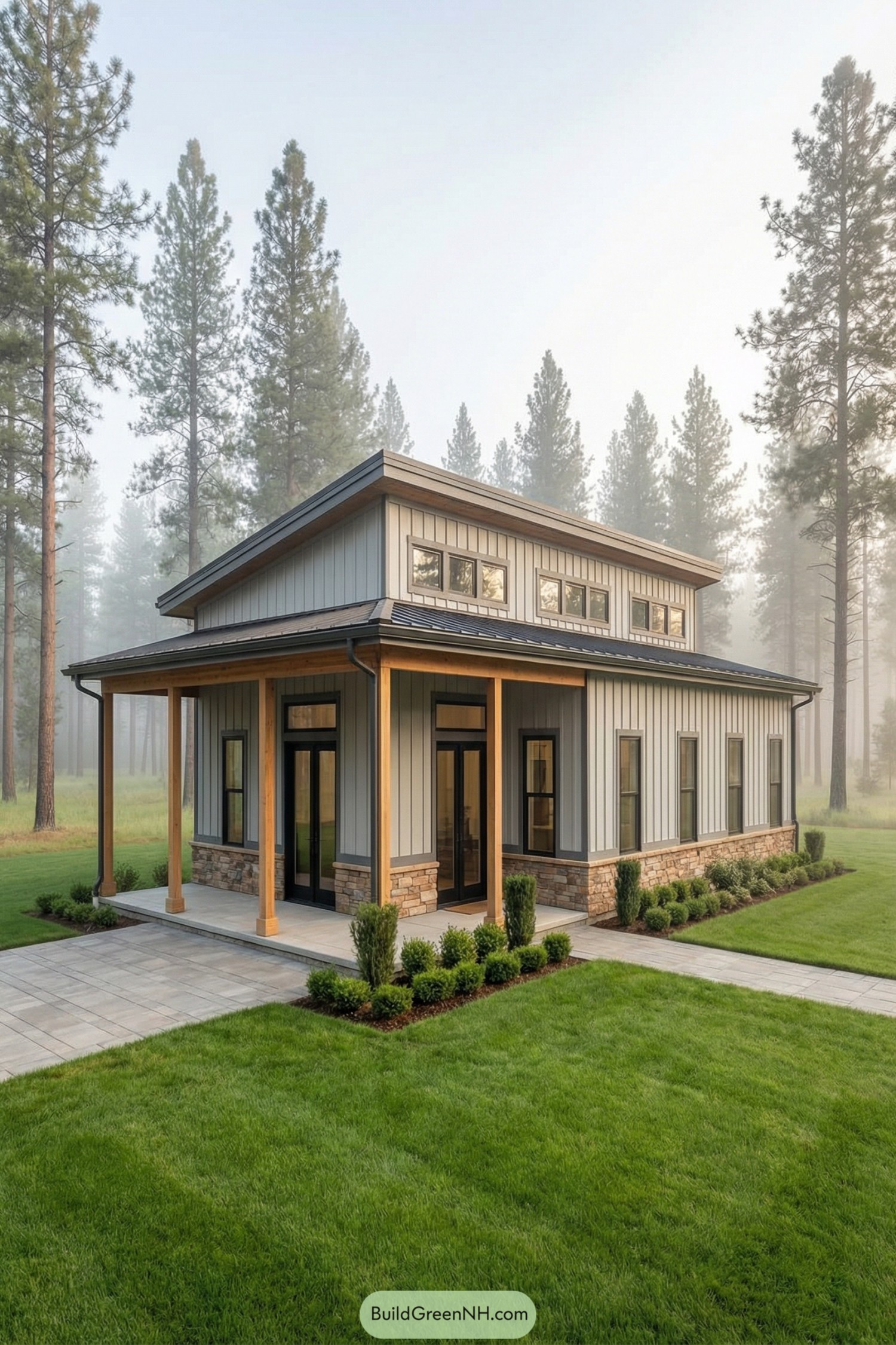 Single story barndominium with shed roof porch set in a misty pine clearing