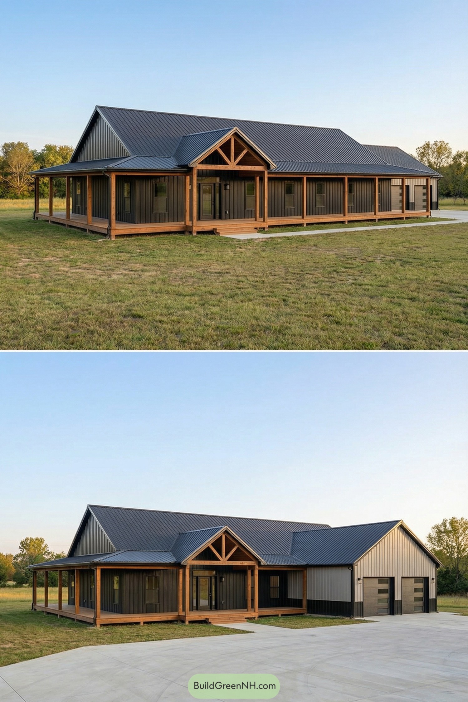 One story barndominium with wood wraparound porch and attached garage