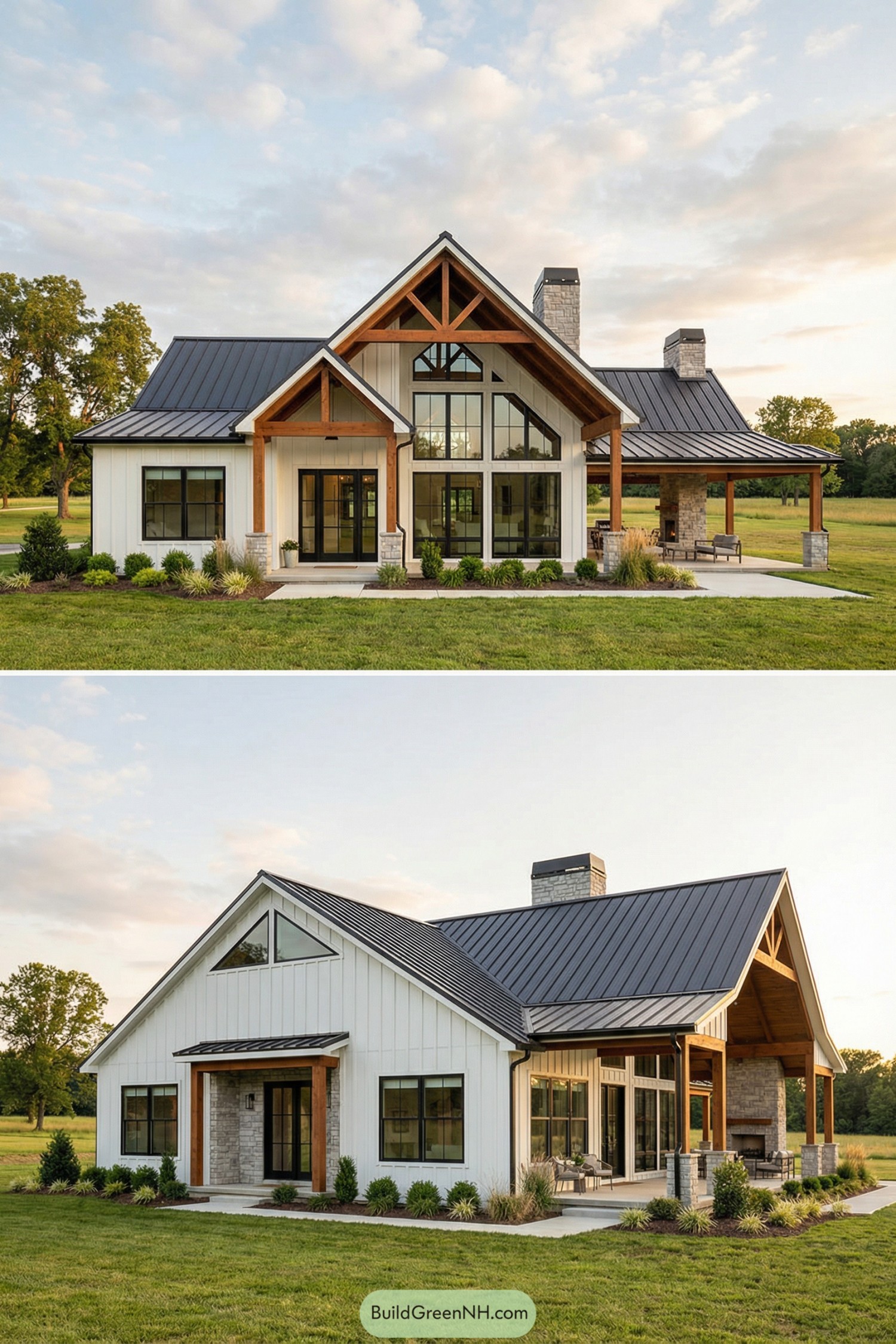 Modern white single story barndominium with black roof large windows and covered porches in an open field