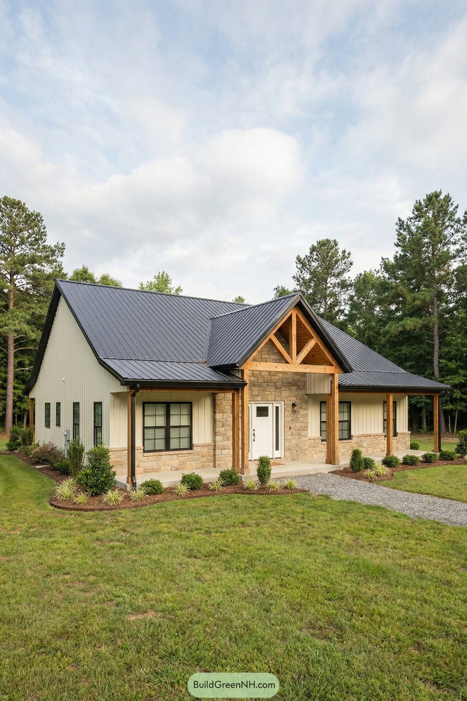Single story barndominium with stone front, metal roof, and timber posts set in a grassy yard