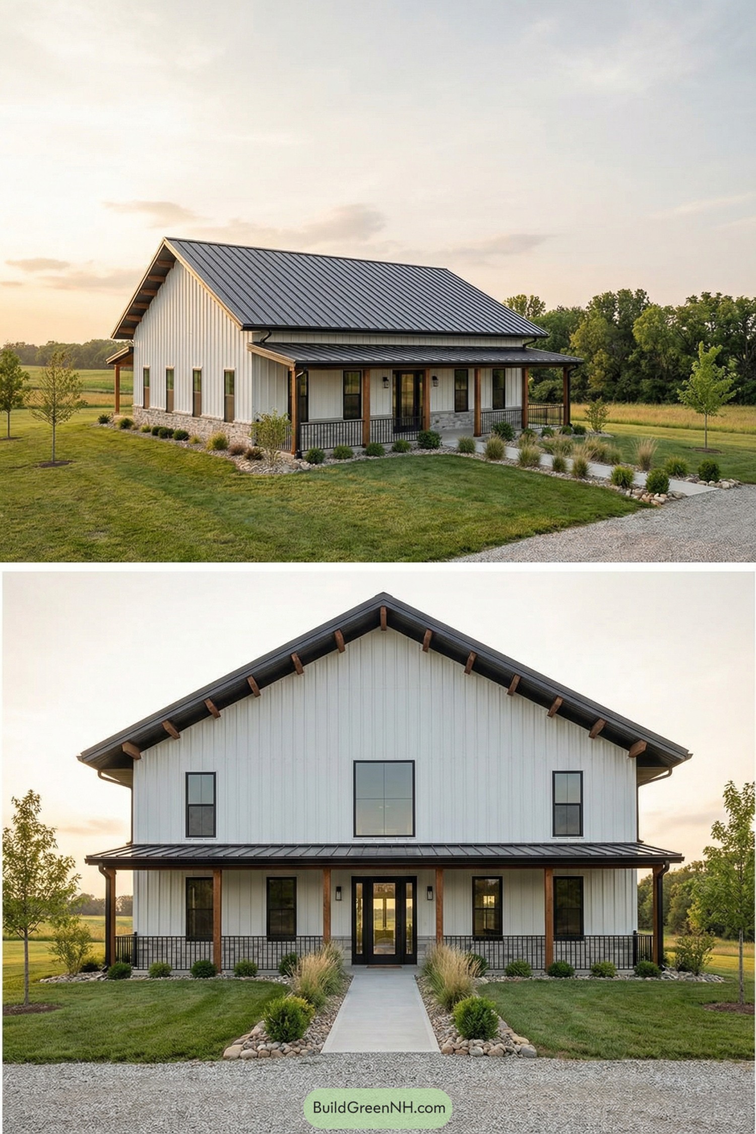 Single story white metal barndominium with black roof, wraparound porch, and simple landscaping in an open green field