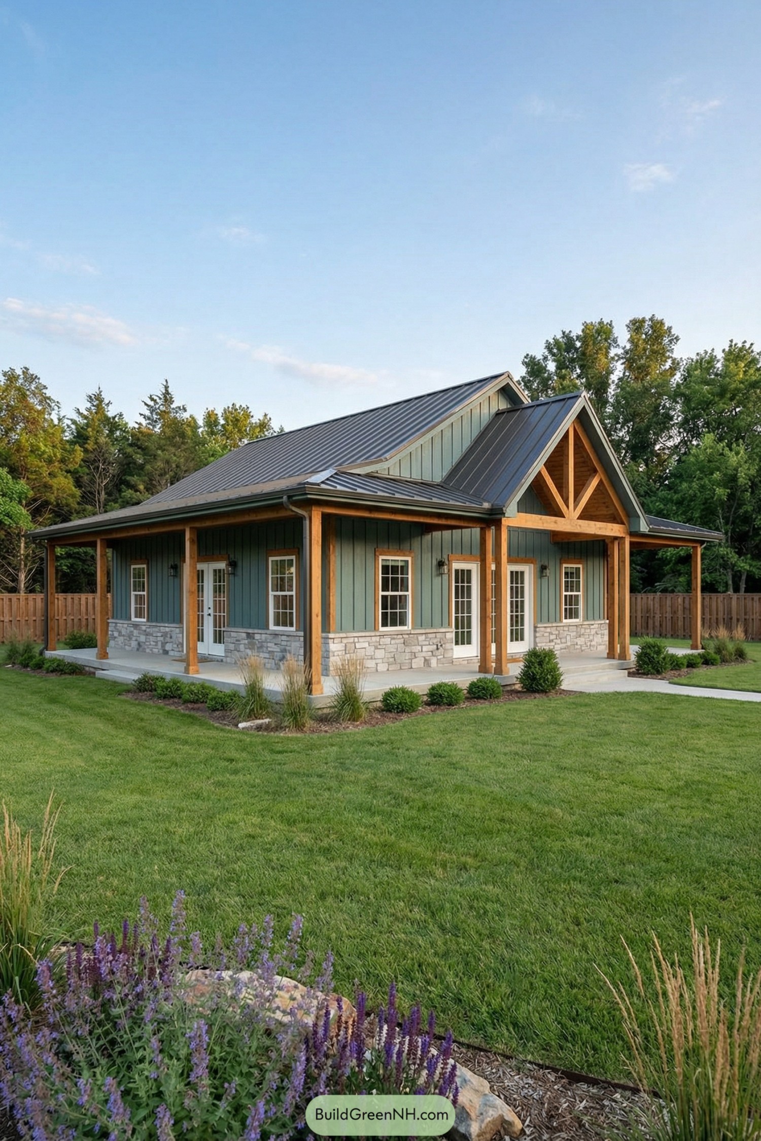 Single story barndominium with timber porch and metal roof