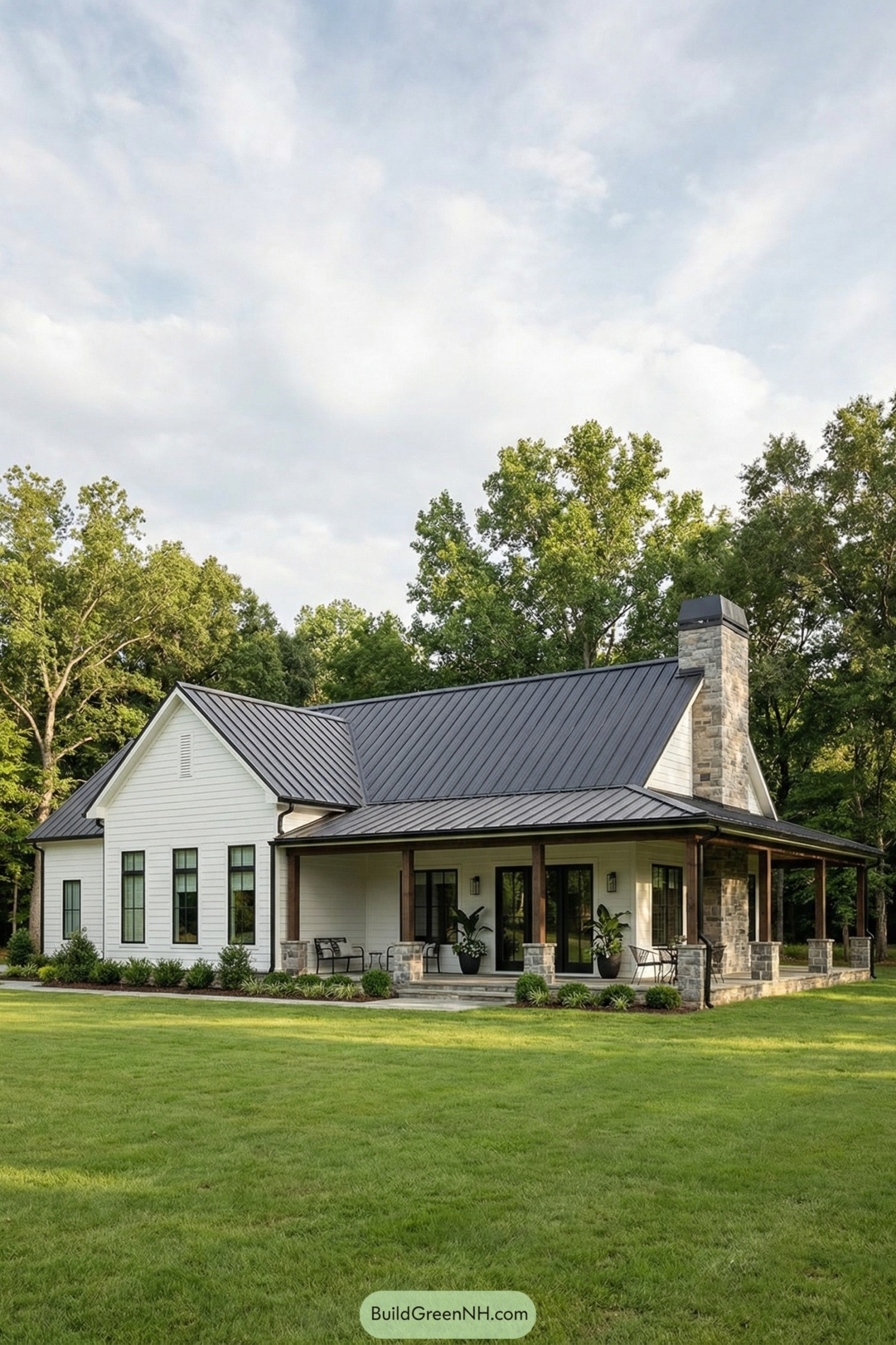Single story white barndominium with dark metal roof, wraparound porch, and stone chimney set in a green lawn by tall trees