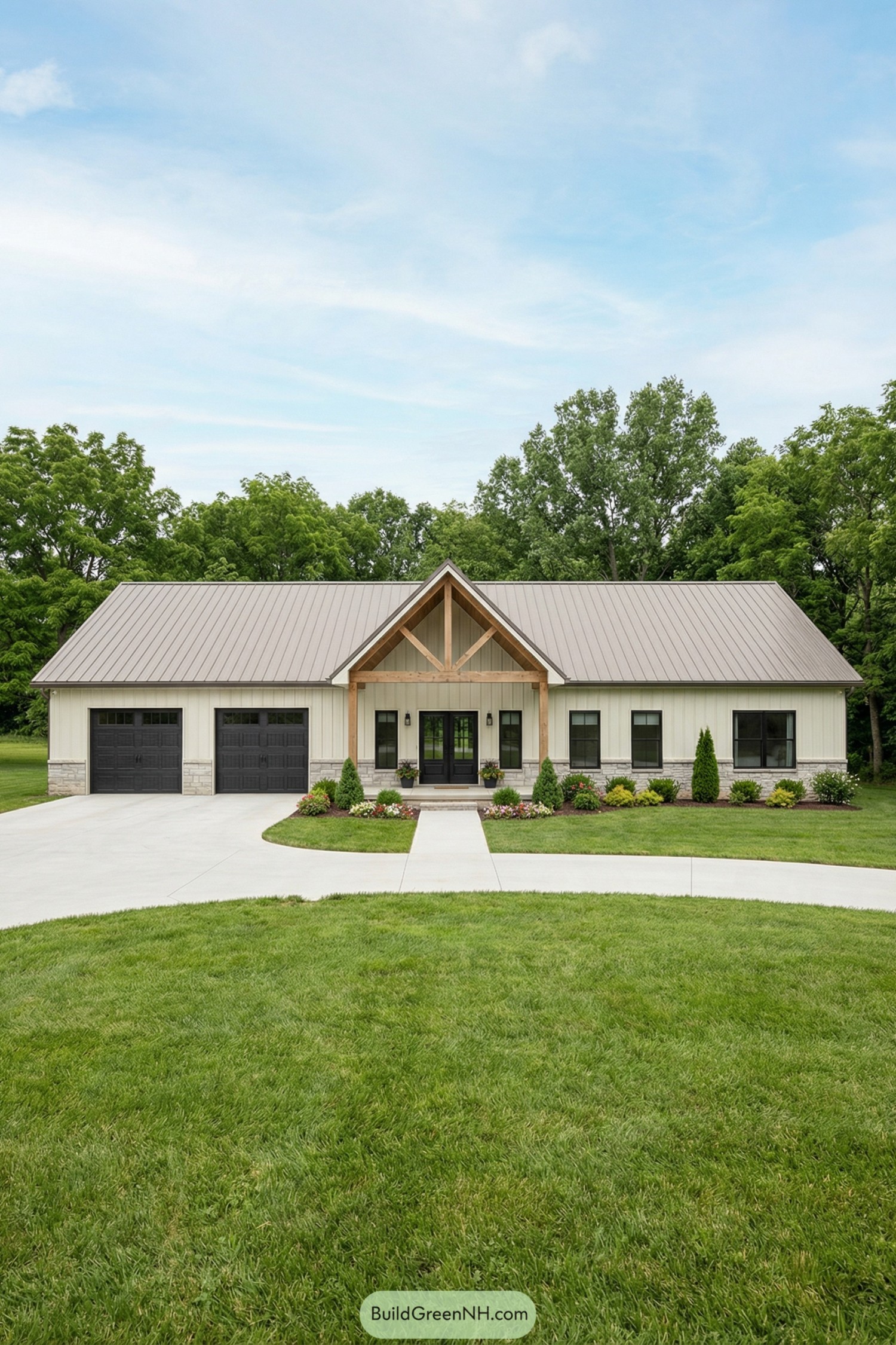 Single story barndominium with twin garage and timber front porch