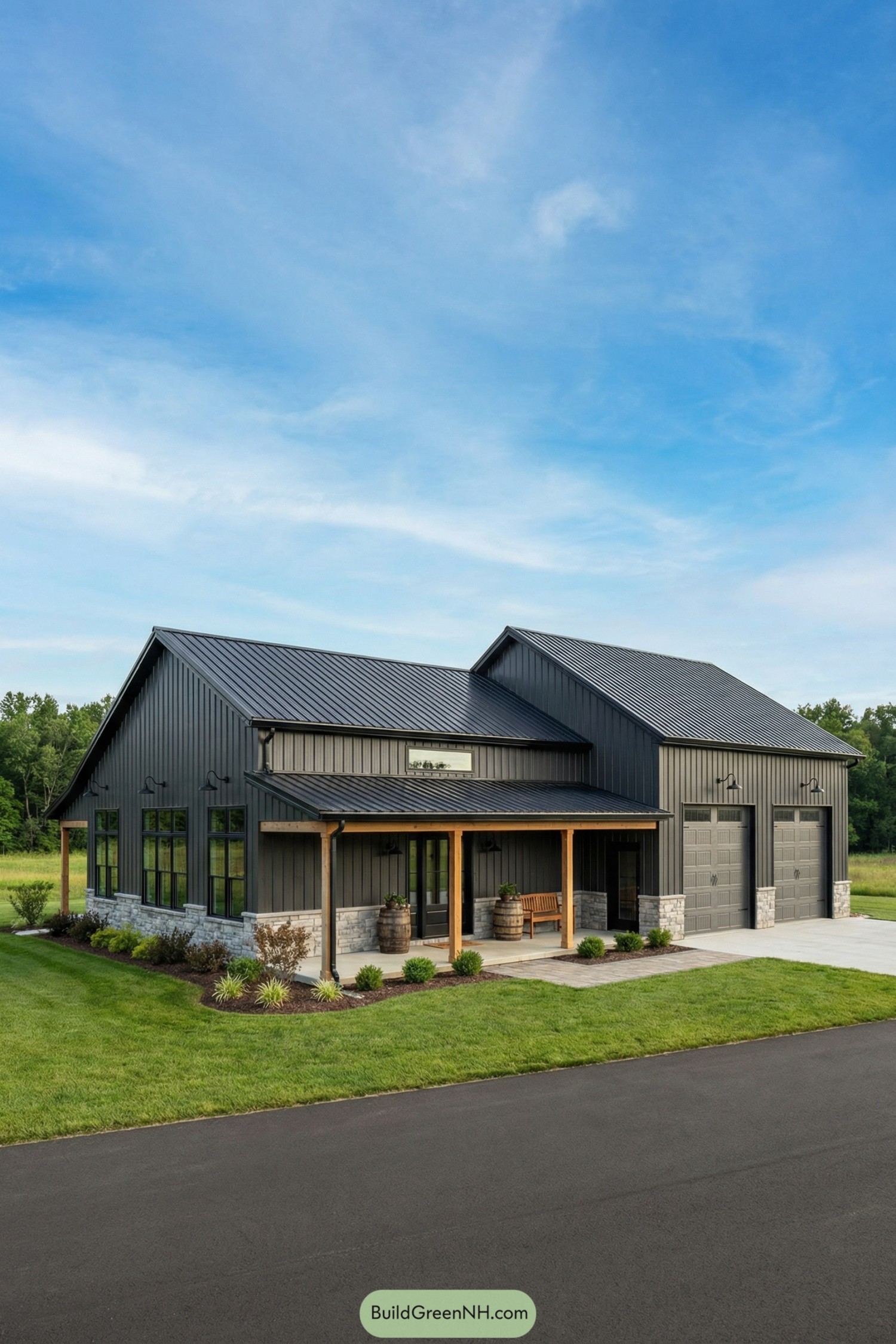 Dark metal barndominium with porch and dual garage