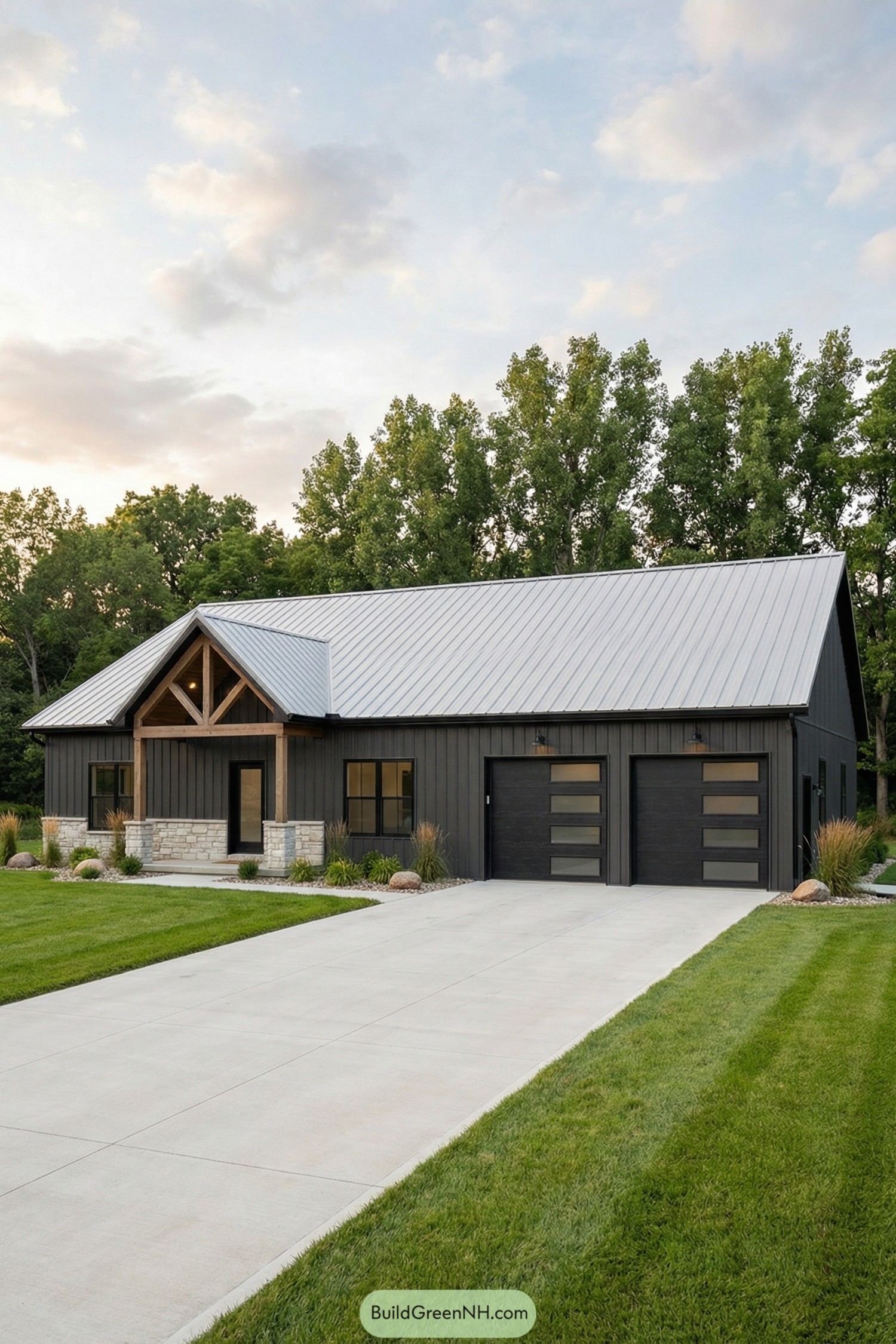 Single story dark gray barndominium with metal roof and double garage