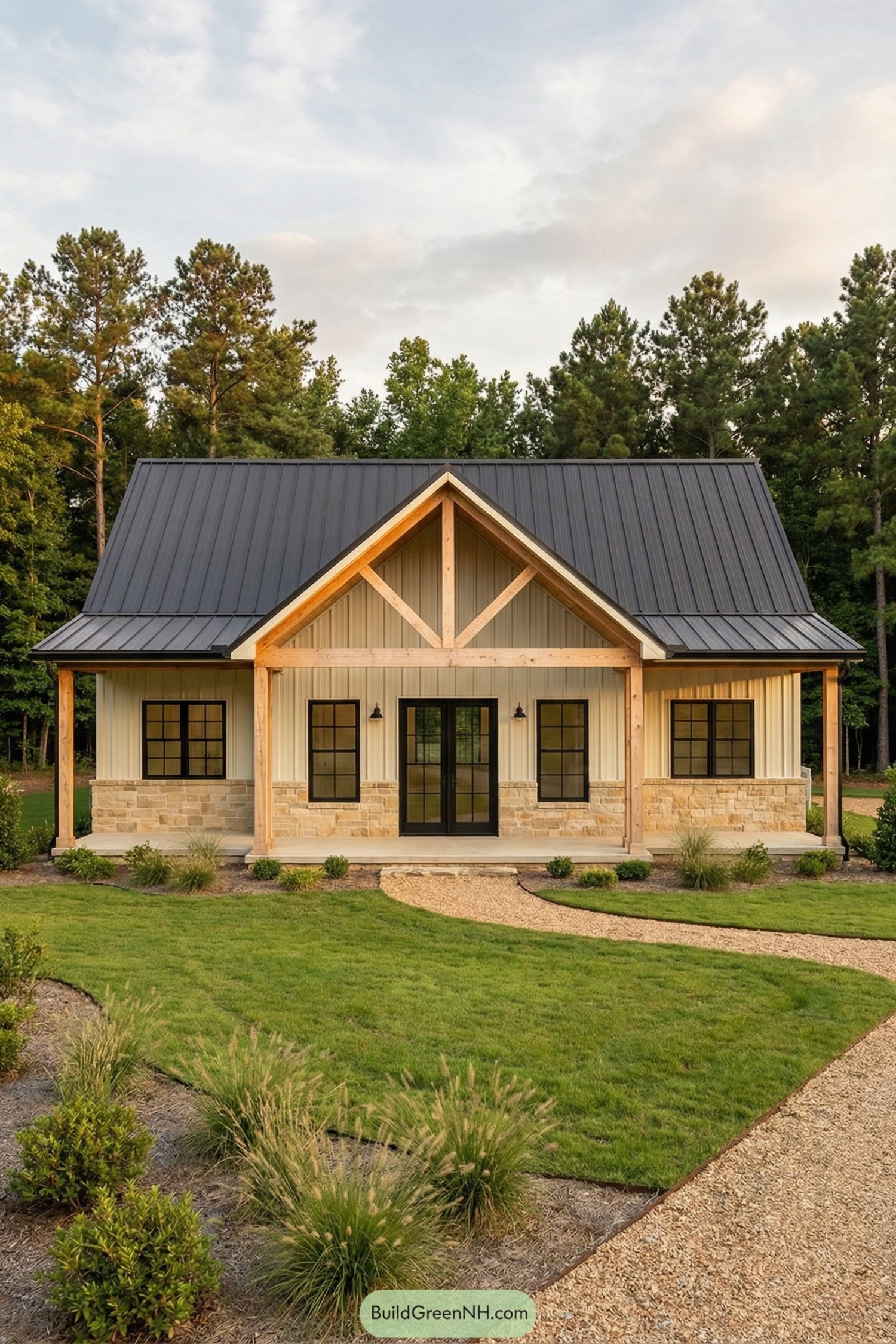 Single story barndominium with black metal roof, timber porch posts, stone base, and large front lawn