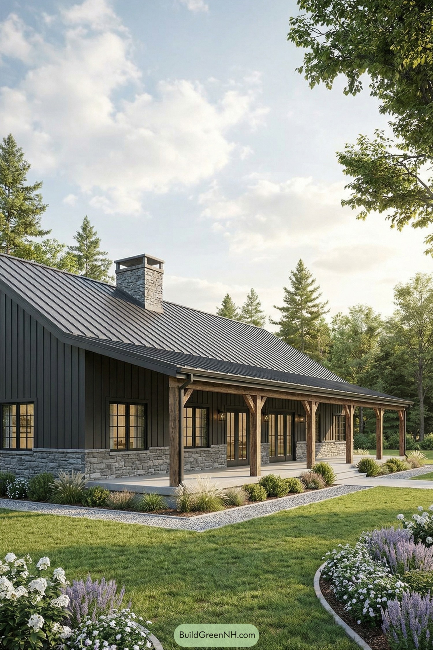 Single story dark barndominium with stone base and deep porch in a landscaped yard