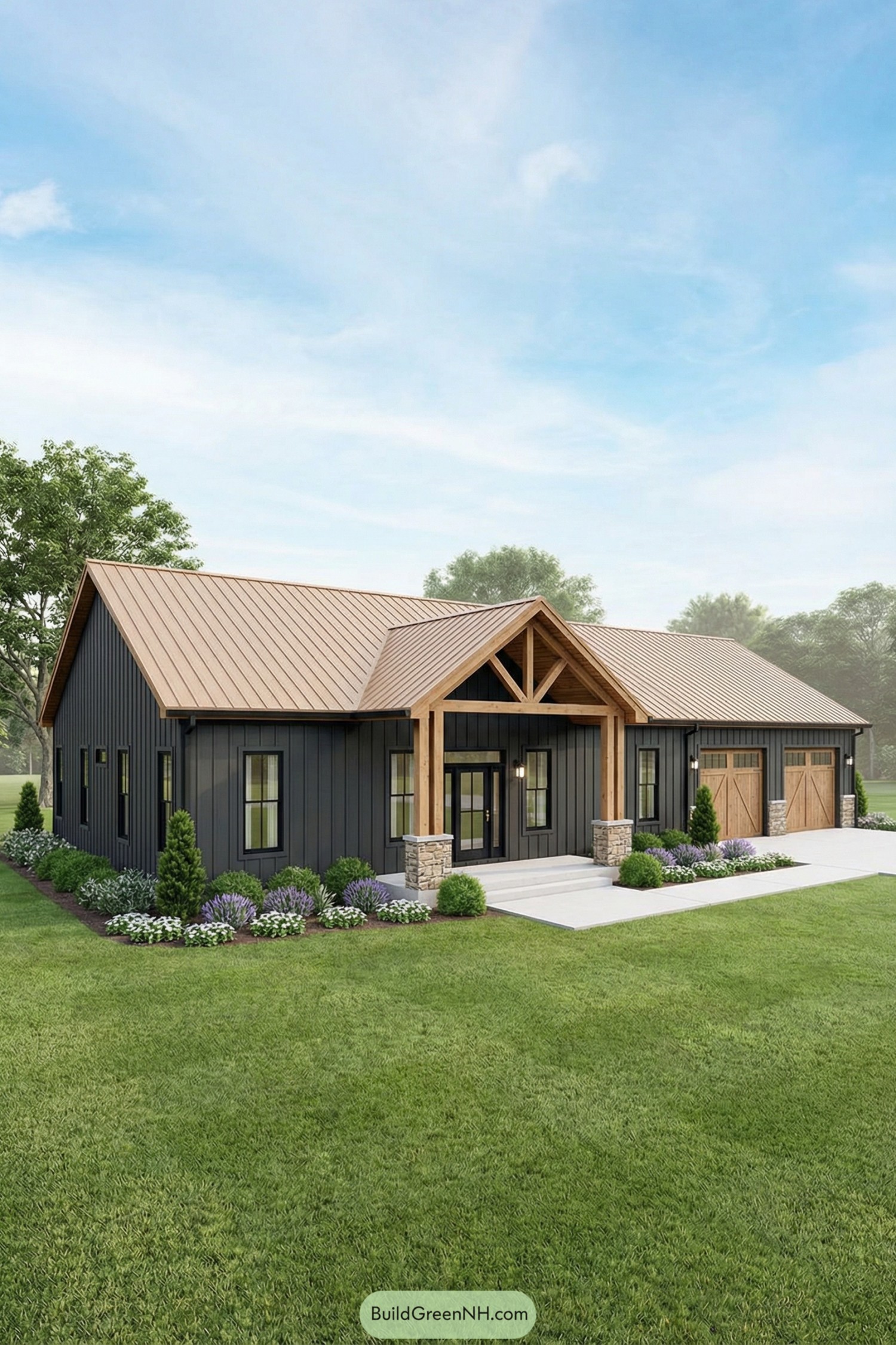Single story black barndominium with copper roof and timber front porch
