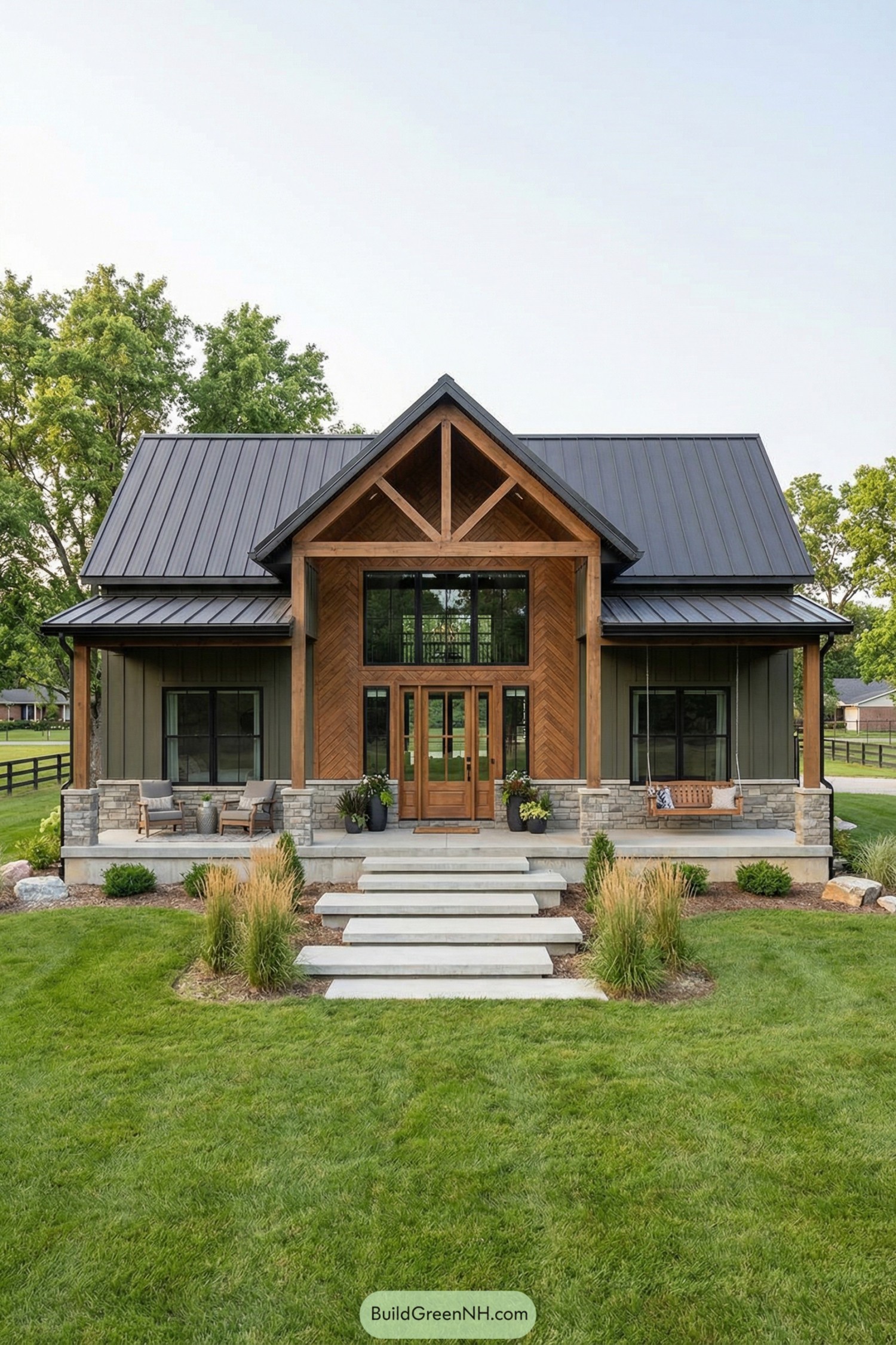 Modern barndominium with tall gabled entry and mixed wood stone exterior