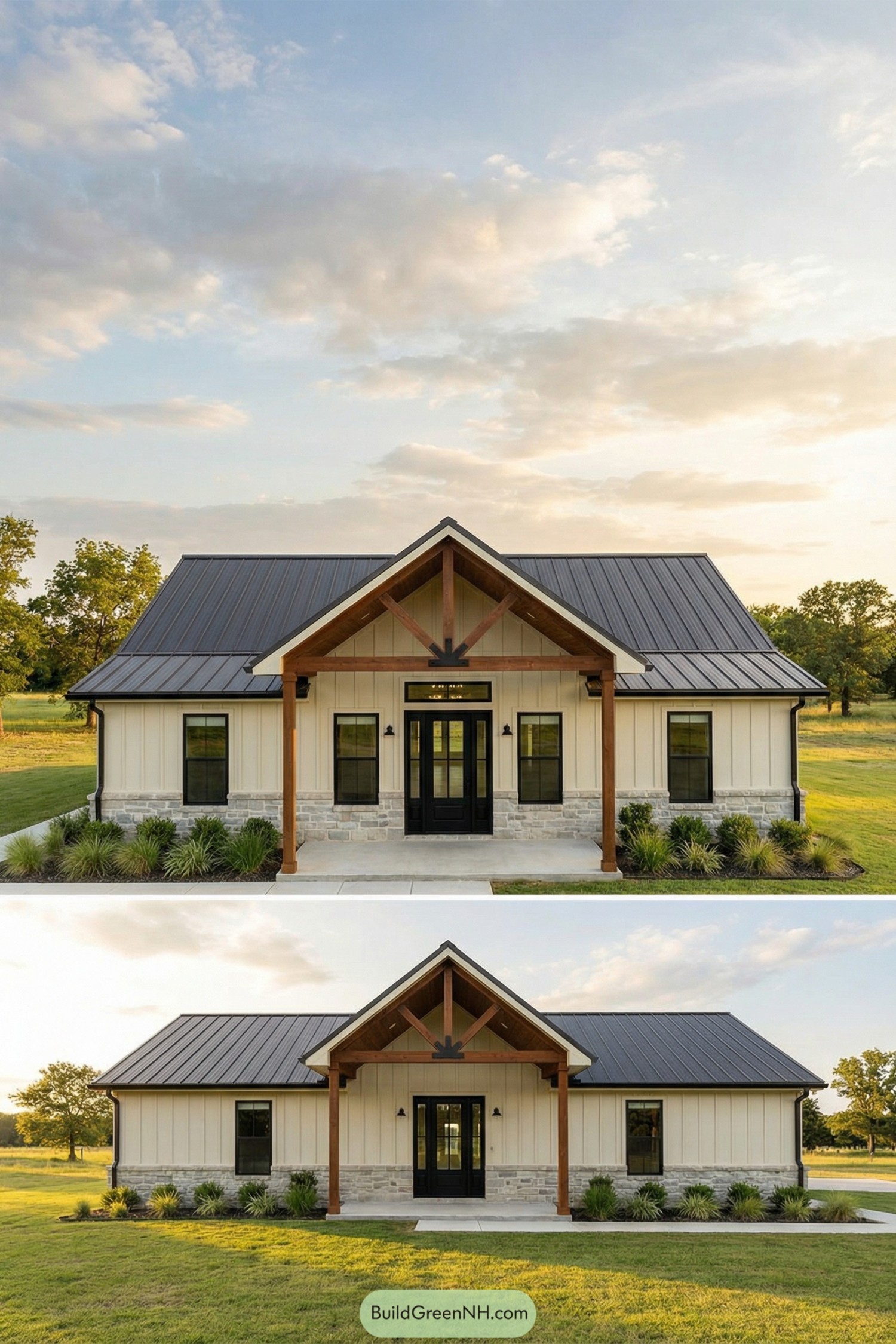 Single story barndominium with black metal gable roof, stone base, board and batten siding, and a timber front porch