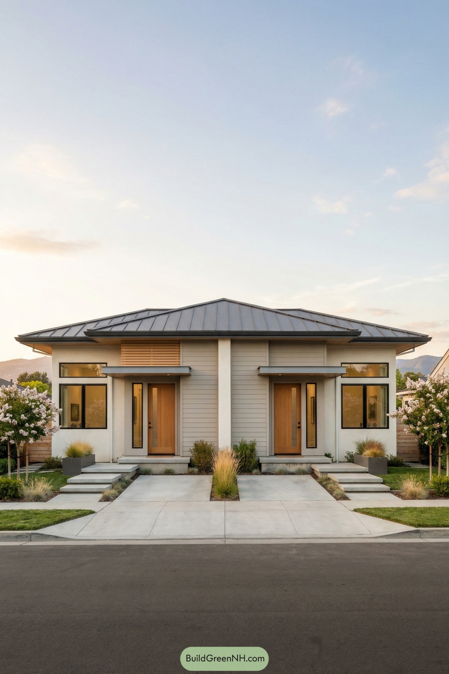 Contemporary single story duplex with matching wood doors, metal roof, and simple front landscaping