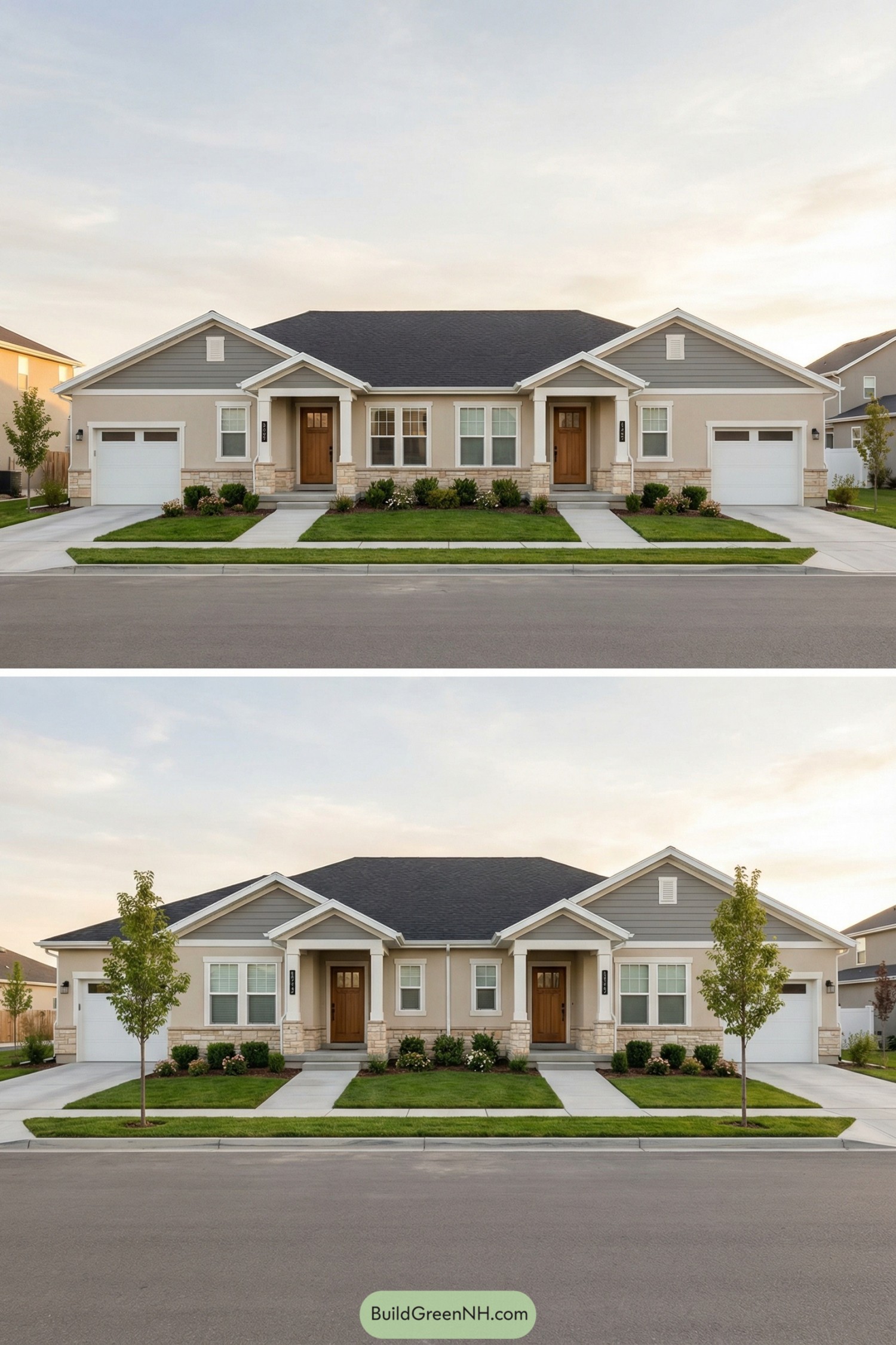 Single story duplex with matching porches and garages facing a quiet neighborhood street