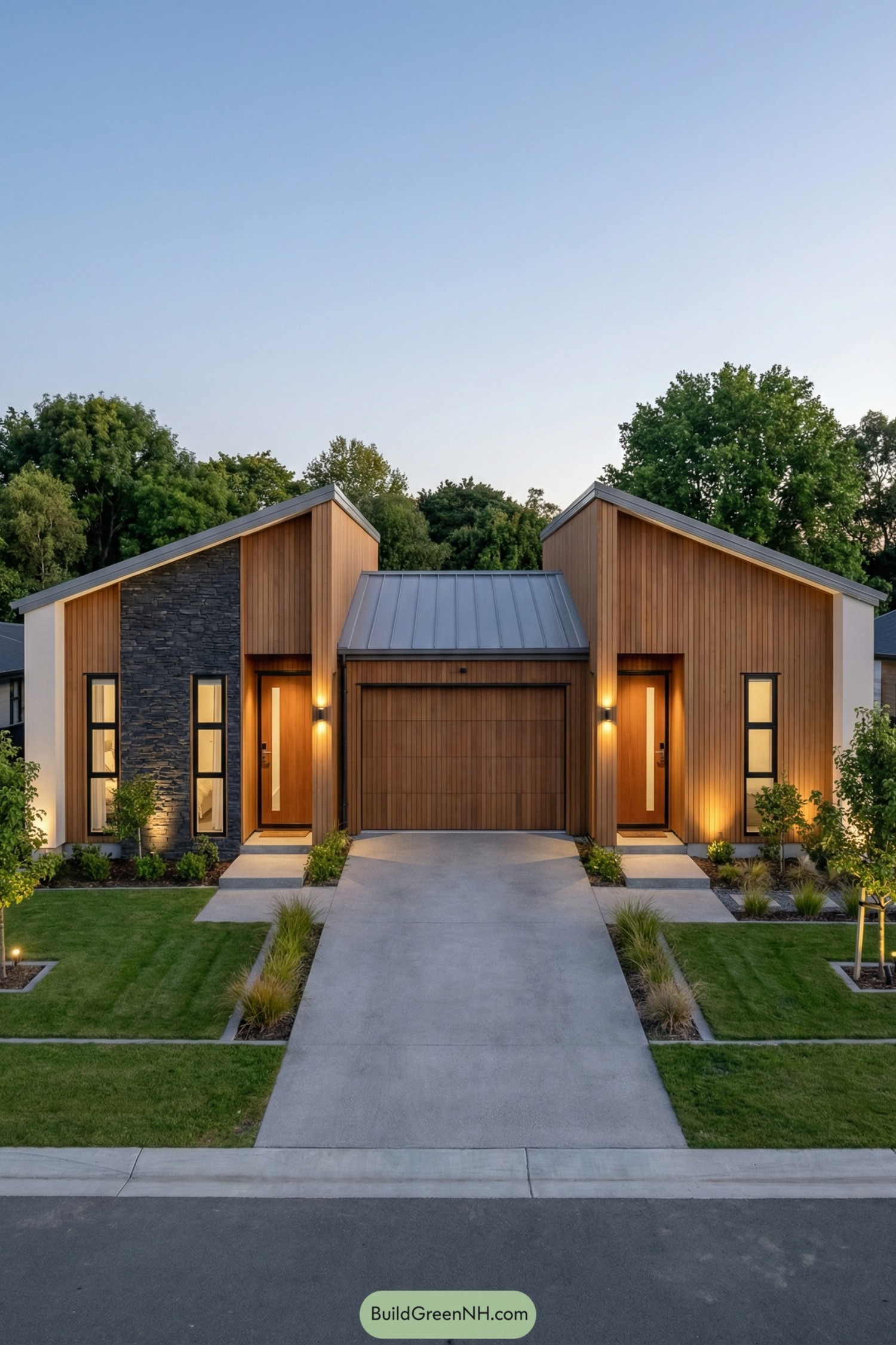 Modern single story duplex with warm cedar siding tall asymmetric rooflines and central shared garage