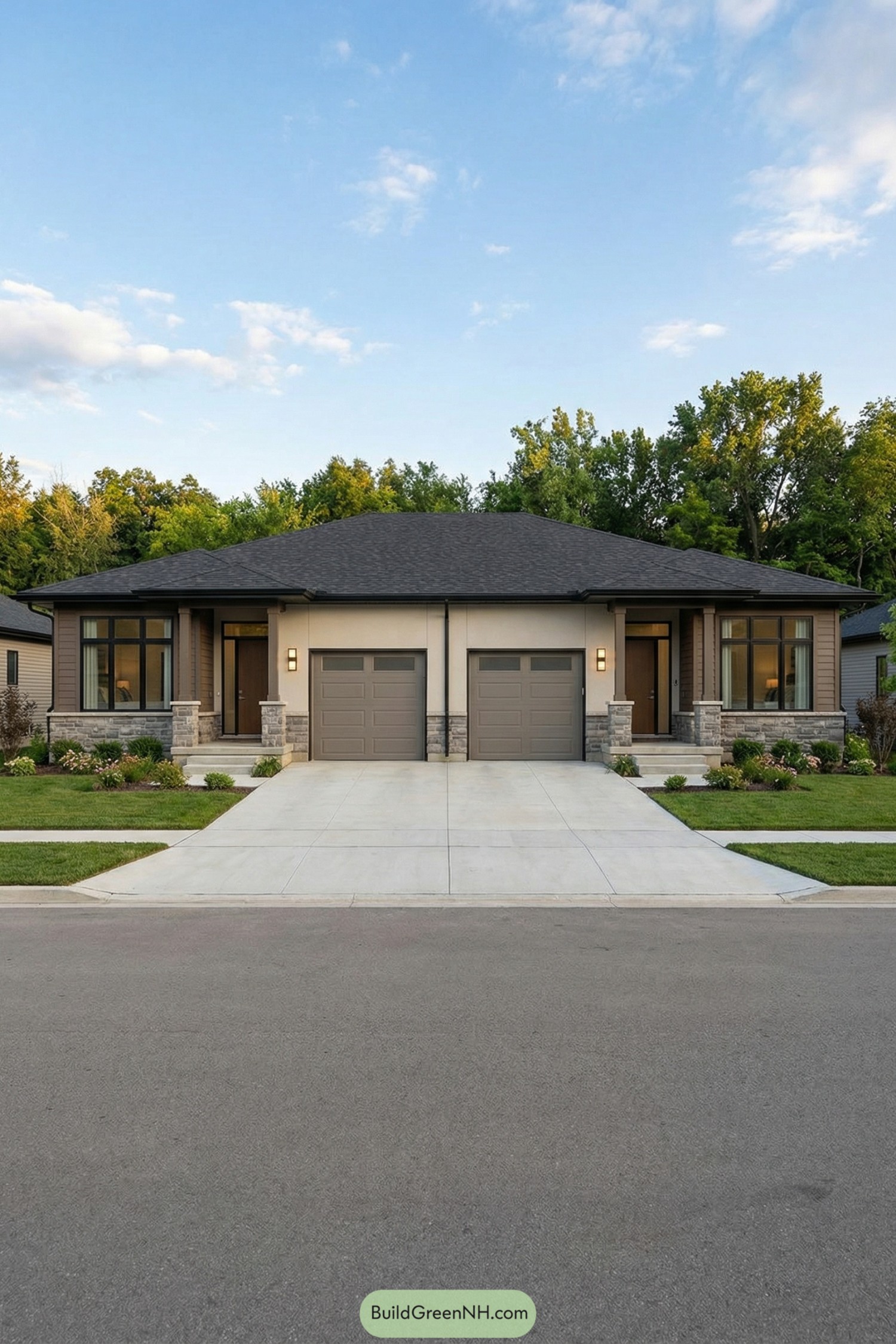 Modern single story duplex with matching garages and covered porches facing the street