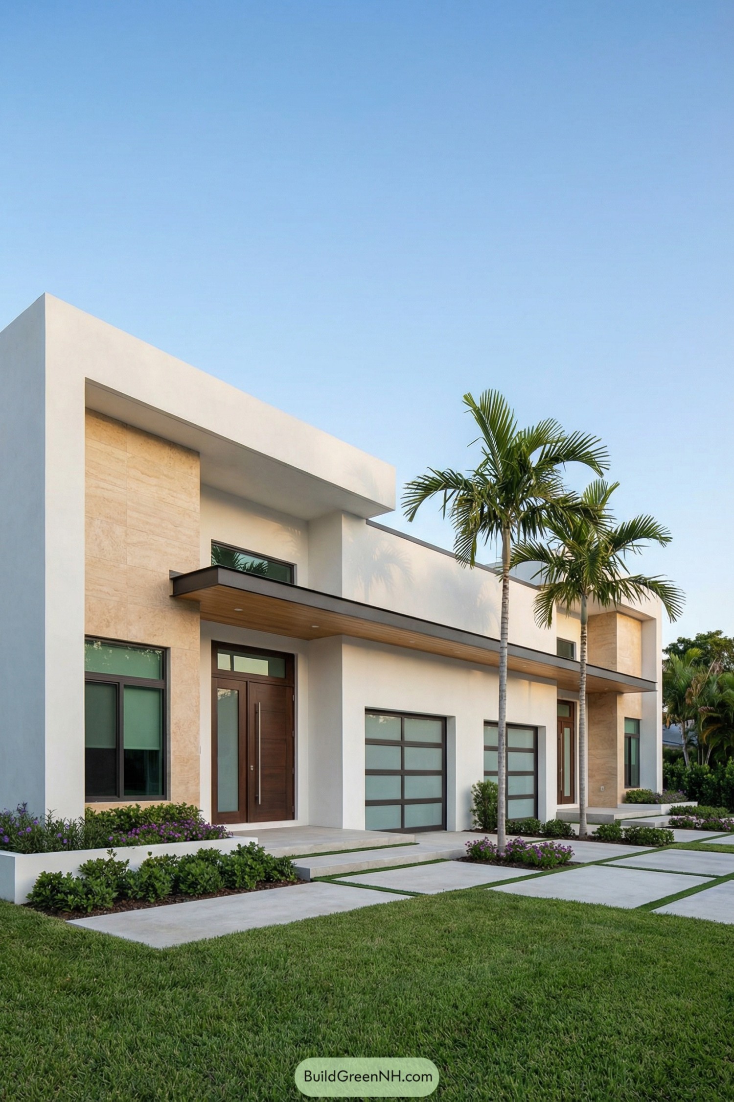Modern flat roof duplex with palm trees