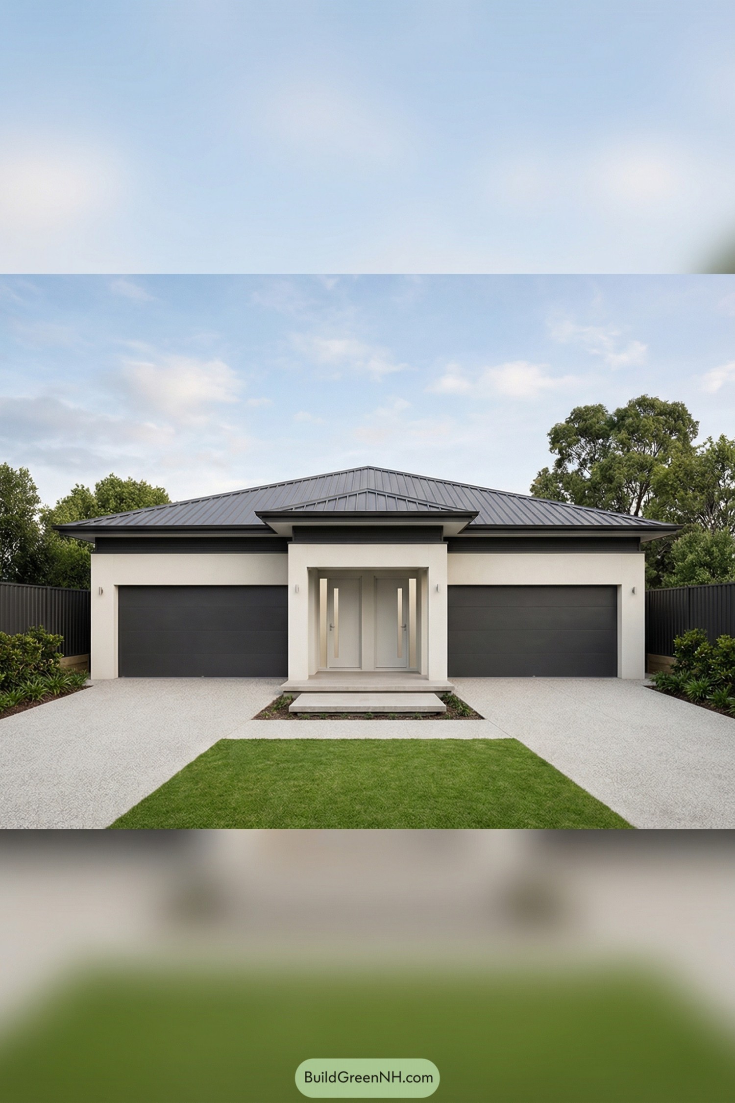Modern single story duplex with twin dark garages, light central entry, and simple front lawn