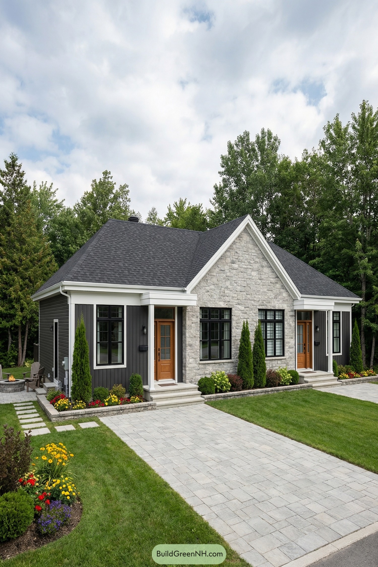 Front view of a single story duplex with stone and dark siding, matching doors, and neat landscaping