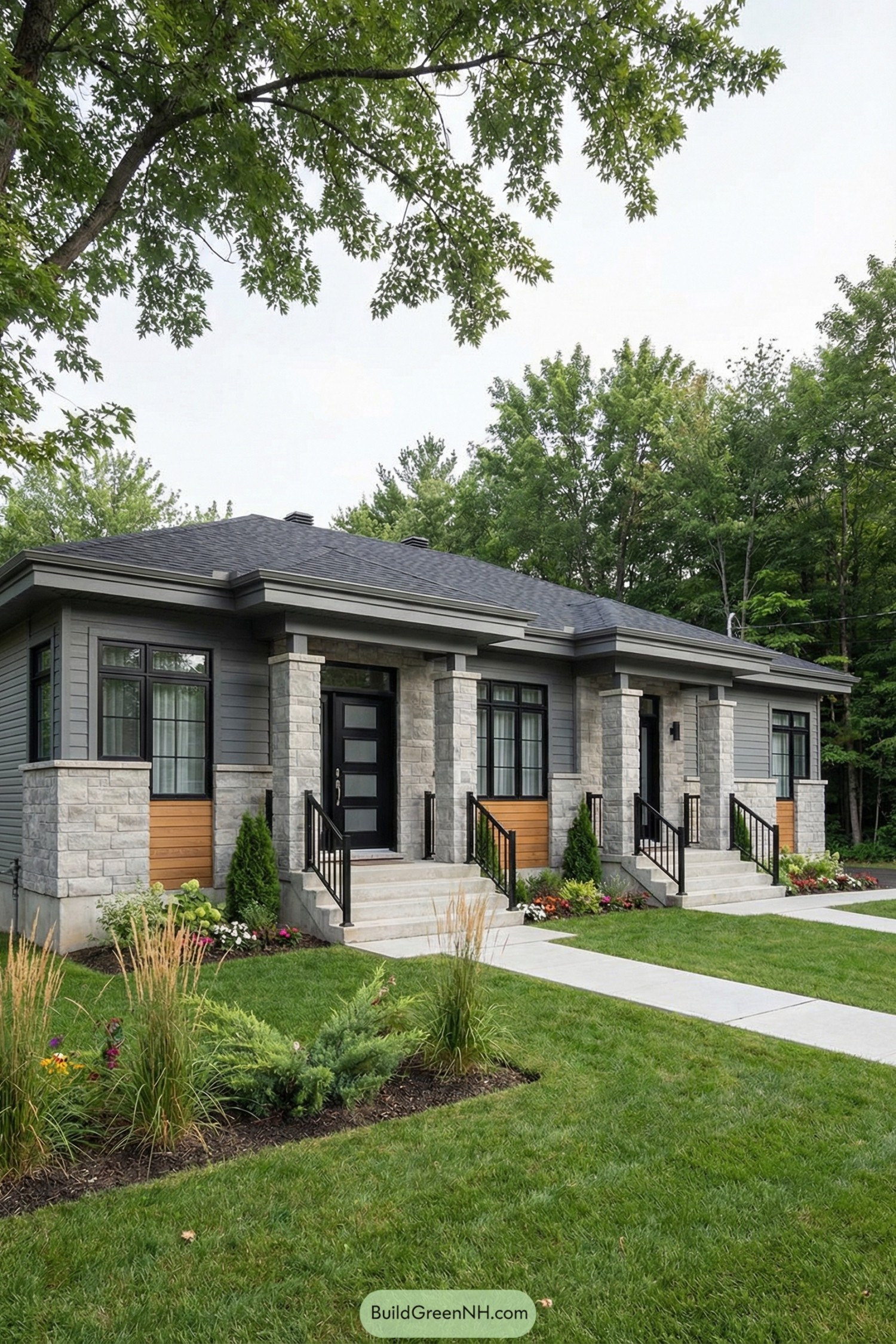 high-res photo of single floor duplex house, contemporary symmetrical facade with two mirrored units and clean horizontal lines, light gray stone cladding on robust front piers and partial front walls, medium-dark horizontal siding in cool gray tones on remaining surfaces, warm natural-wood horizontal accent panels between stone piers, long low rectangular shape with subtly stepped central volumes, low-hipped dark charcoal shingle roof with shallow pitch and simple gray fascia bands, large black-framed rectangular windows with grid muntins and clear glass, narrow side windows on outer corners, two modern front doors each in black with vertical stacked frosted-glass panels and sleek hardware, small elevated concrete stoops with straight edges and black metal guardrails, straight pale concrete walkways extending from street to each entrance, manicured green lawn with crisp borders, layered planting beds featuring ornamental grasses, low evergreens, and colorful seasonal flowers along the facade, scattered foundation shrubs near corners, mature leafy trees arching overhead and dense green woodland backdrop, soft bright daylight and calm suburban surroundings emphasizing the clean lines of the single floor duplex house. single floor duplex house, real-life photo, high-resolution, architectural photography, soft lighting, cinematic composition