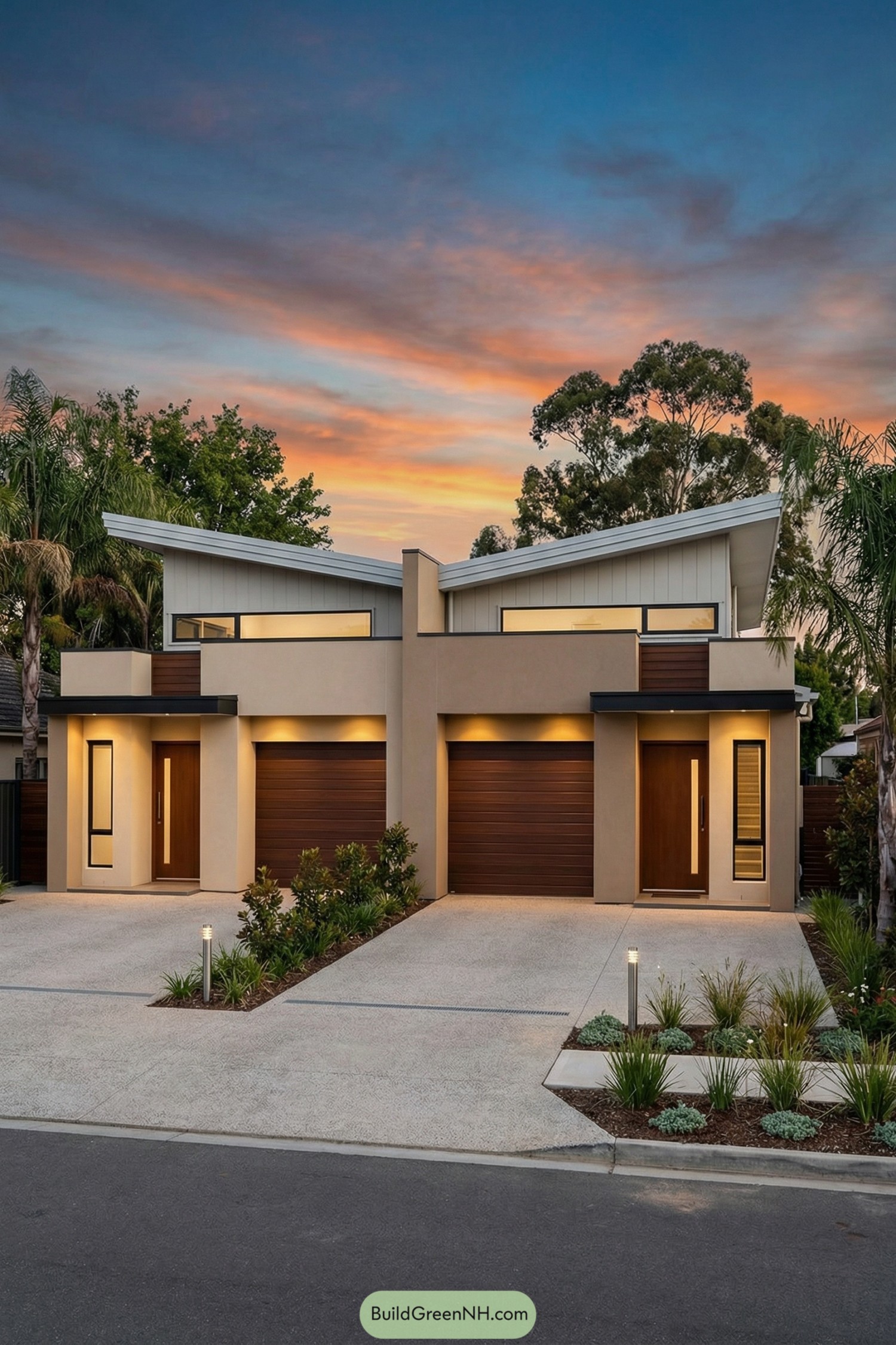 Modern twin duplex with angled roofs and warm wood accents at dusk