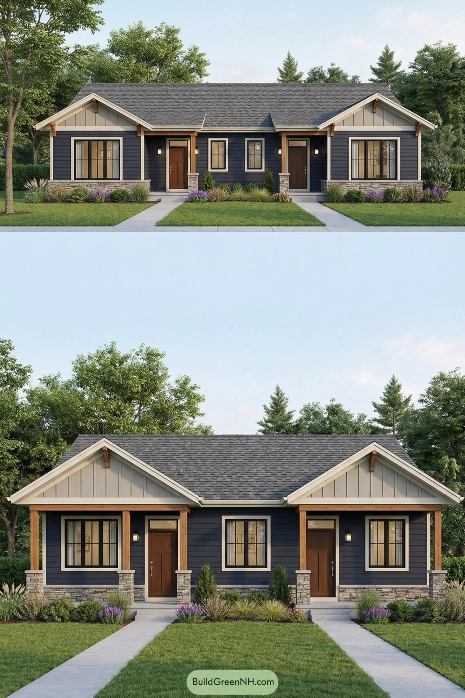 Craftsman-style navy duplex with twin porches
