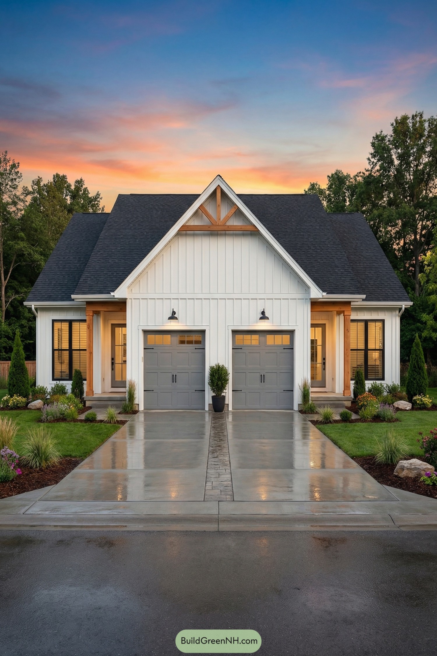 White board-and-batten duplex with twin garages and matching front porches