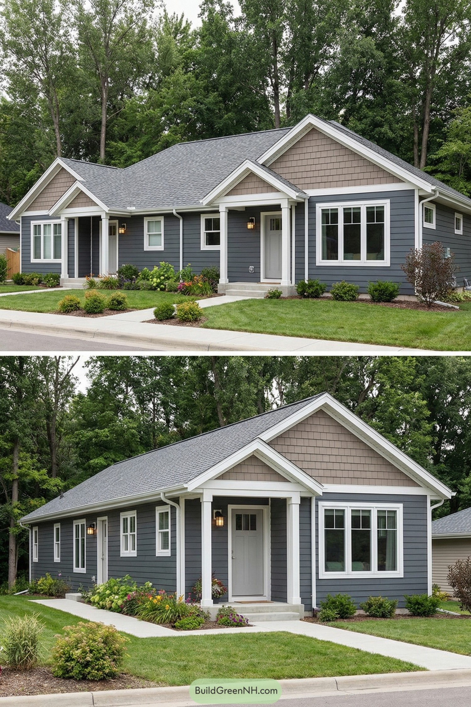 Gray single story duplex with matching gabled porches and neat front lawns