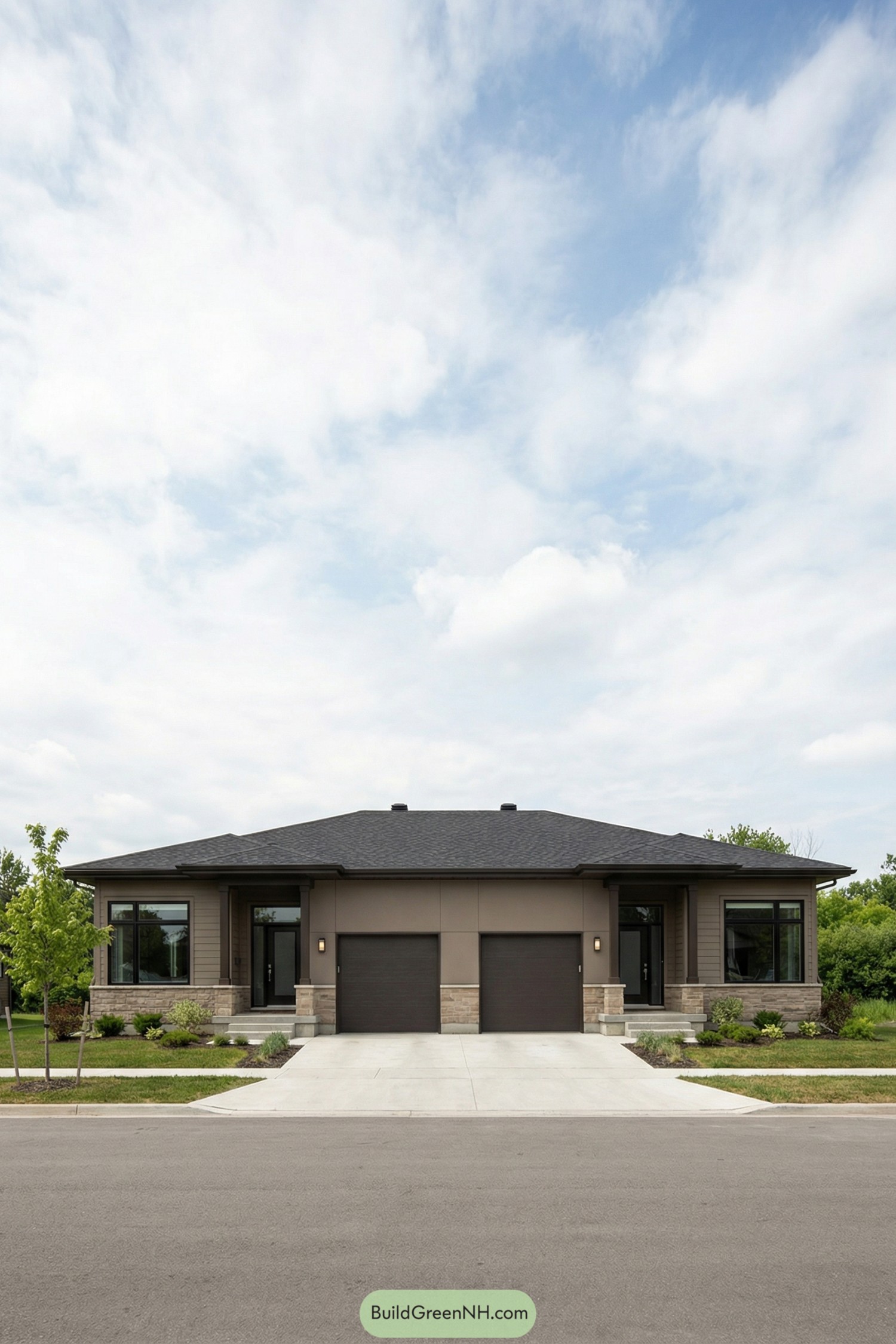 Modern single story duplex with twin garages