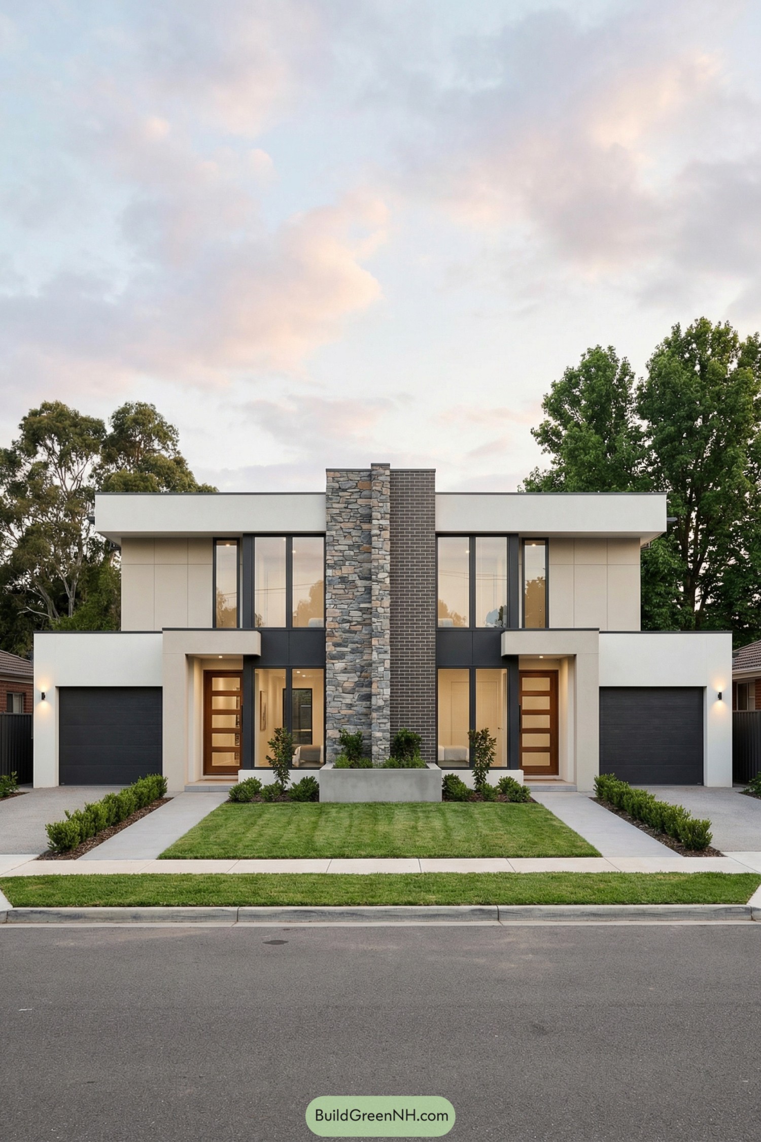 Modern duplex with flat rooflines and a tall stone and brick center column