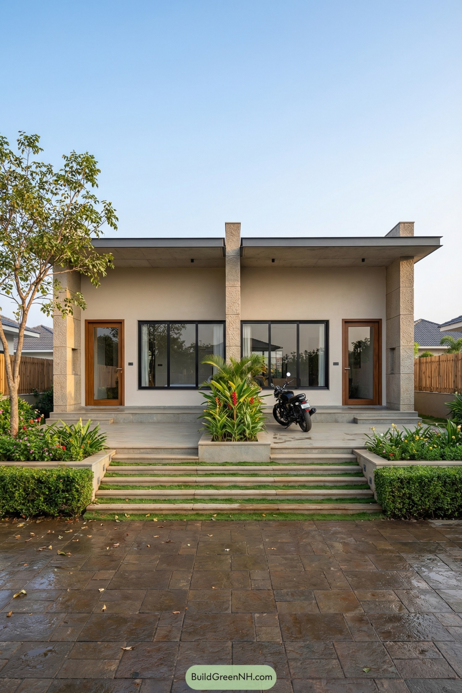 Single story duplex with flat roof wide steps and lush front planting