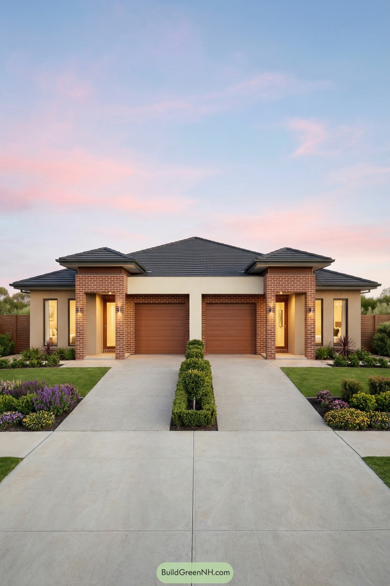 Twin single story duplex with matching brick facades and landscaped front yard at sunset