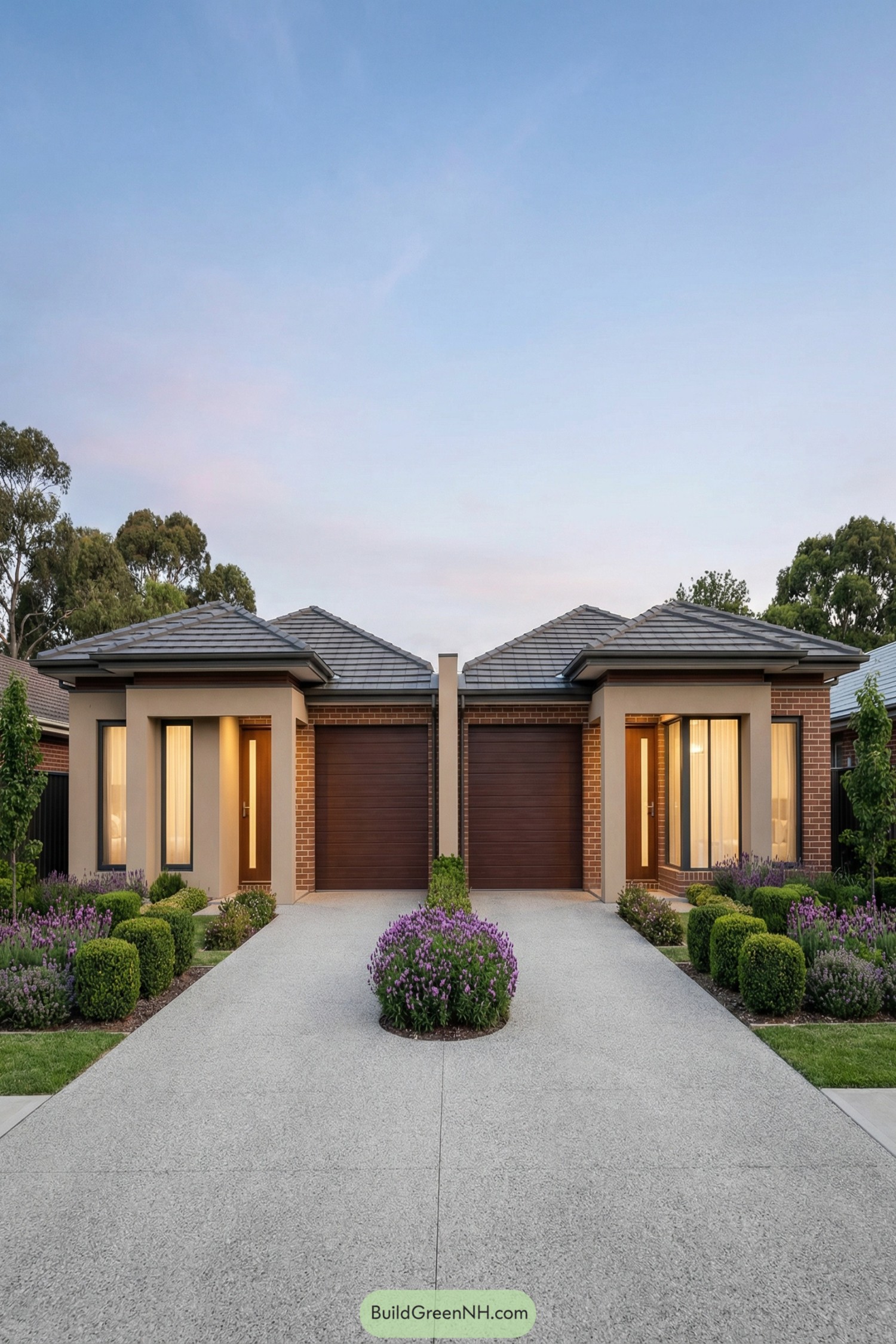 Contemporary single story brick duplex with mirrored driveways and lush lavender landscaping