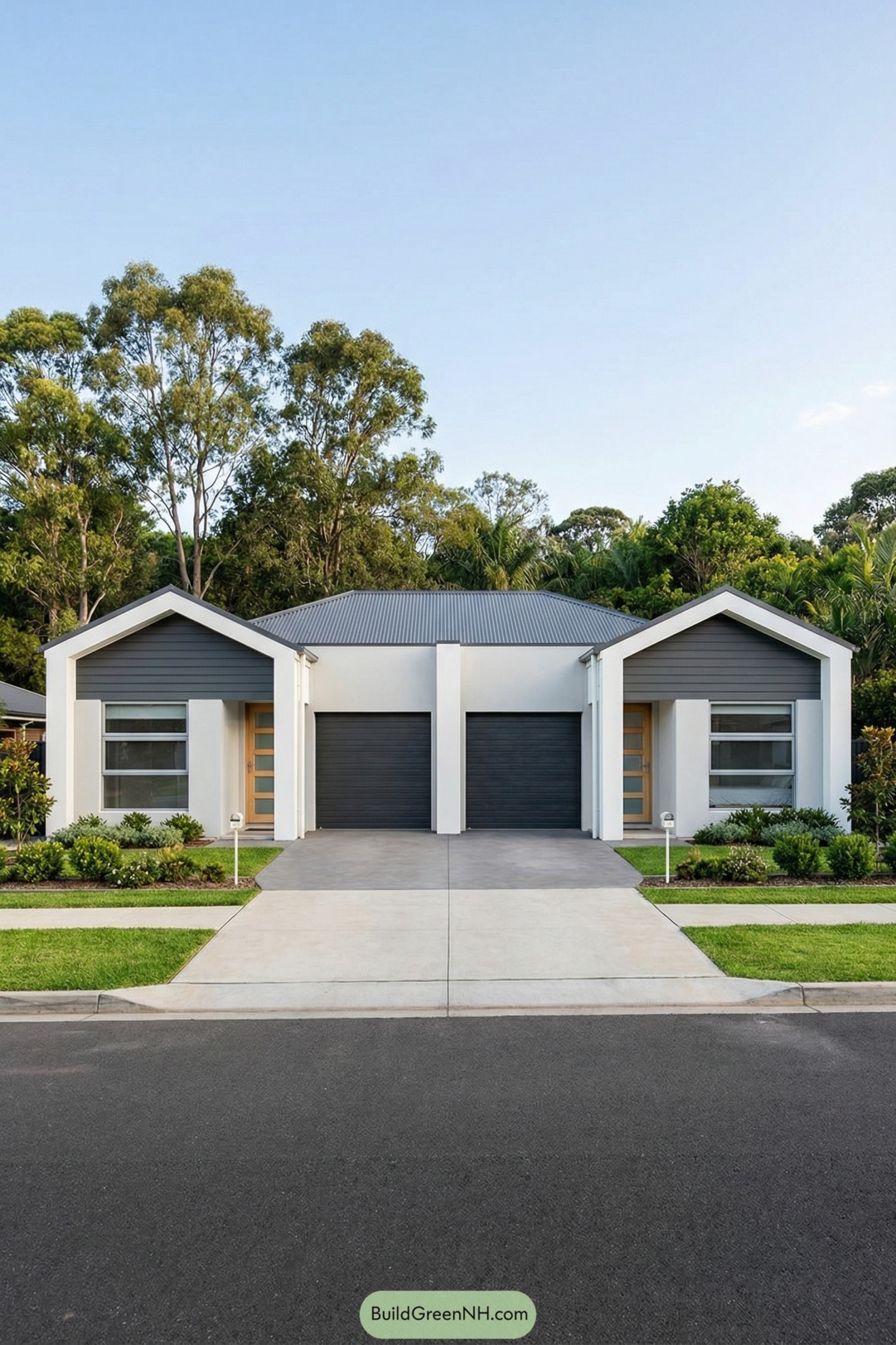 Contemporary single story duplex with matching gabled entries and double garages