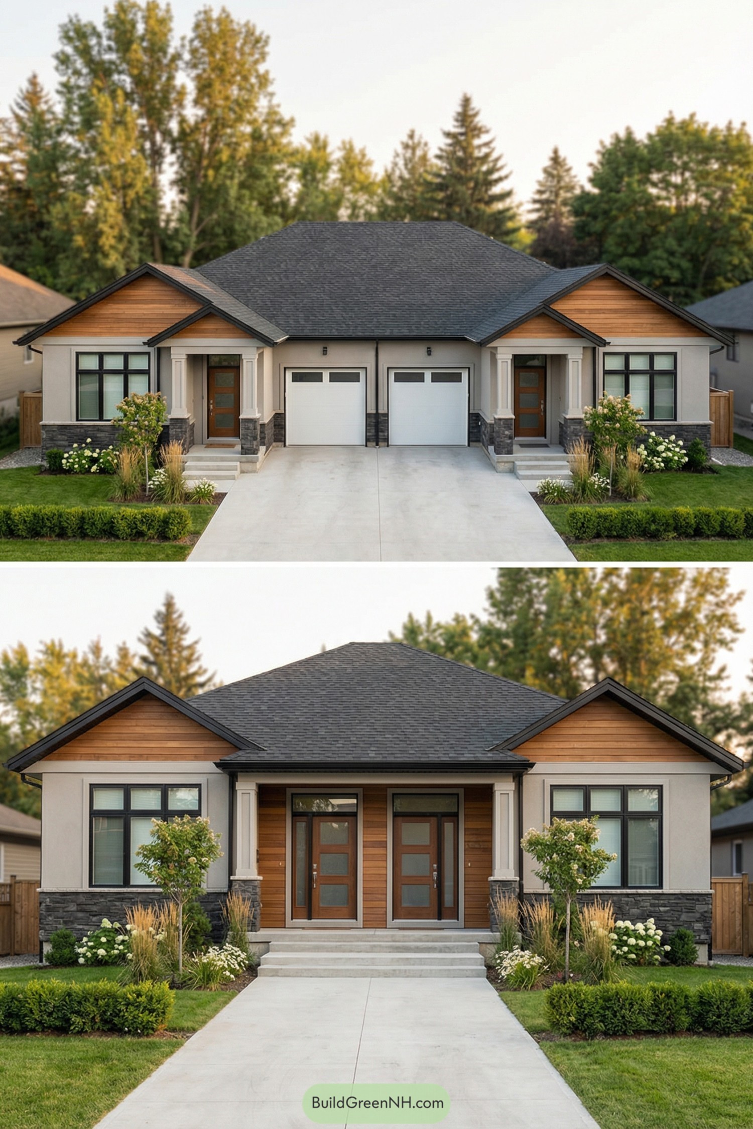 Modern single story duplex with cedar and stone exterior, twin front doors, and neat landscaping