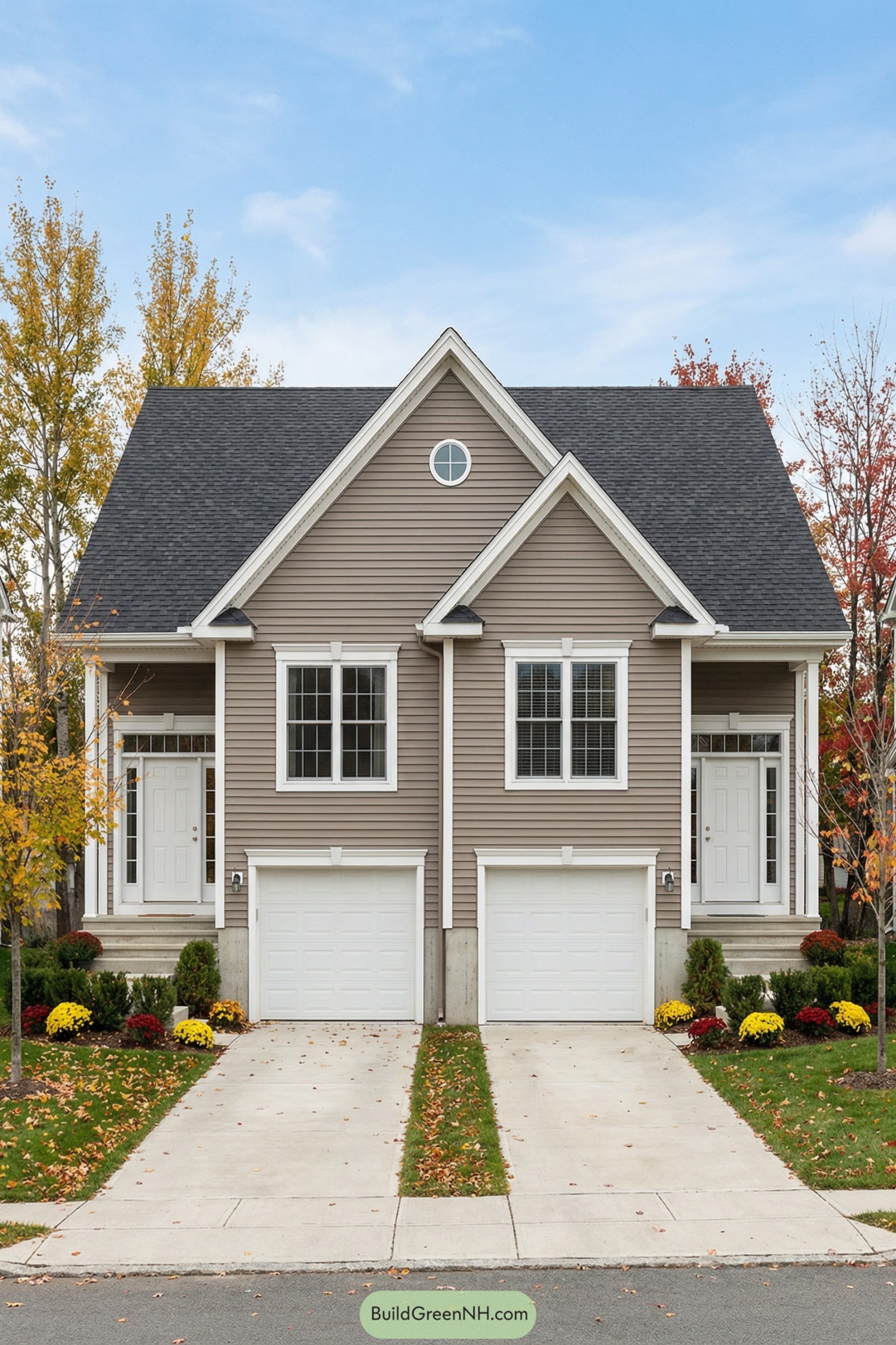 Taupe sided duplex with twin gables and matching garages