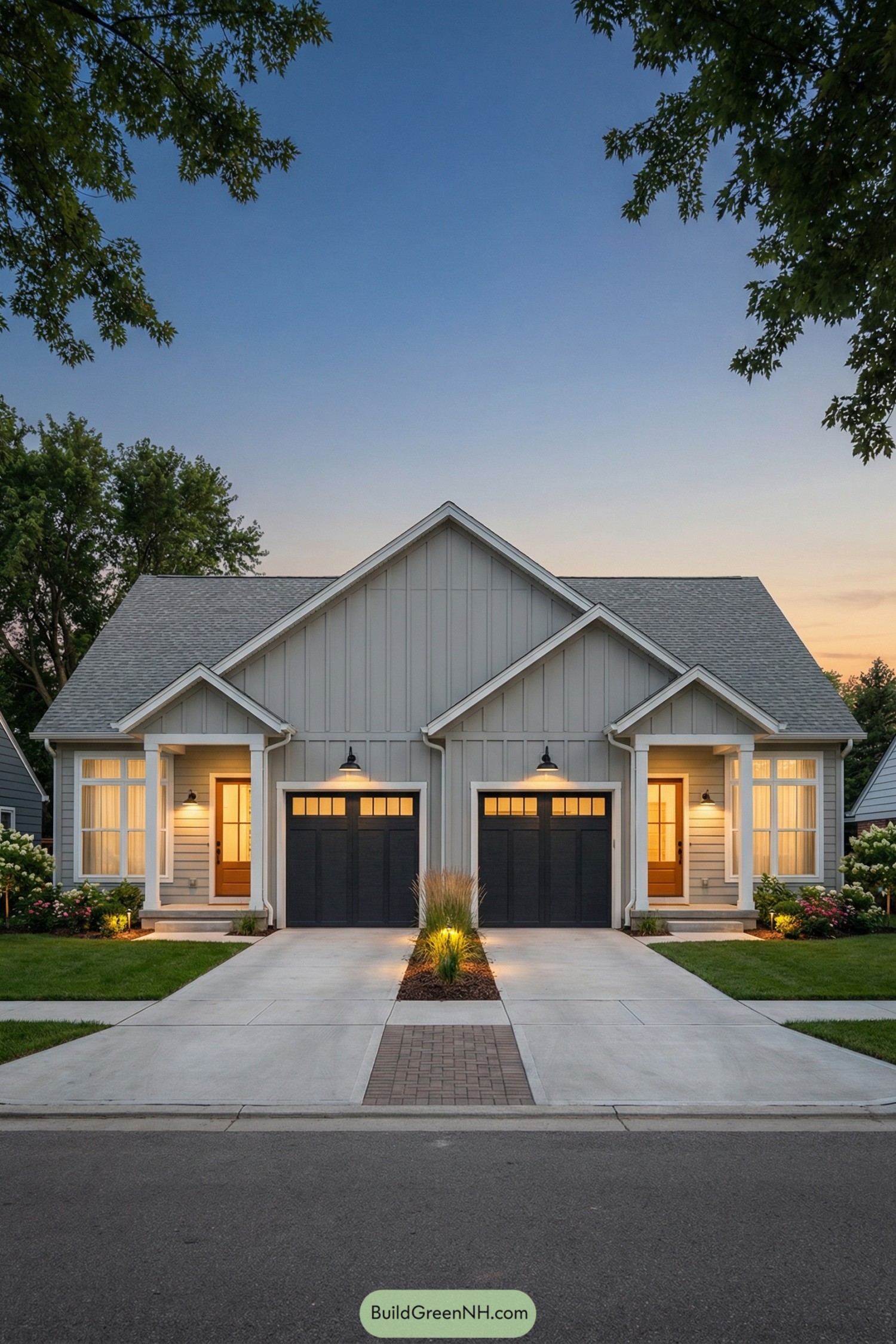 Modern gray duplex with twin garages