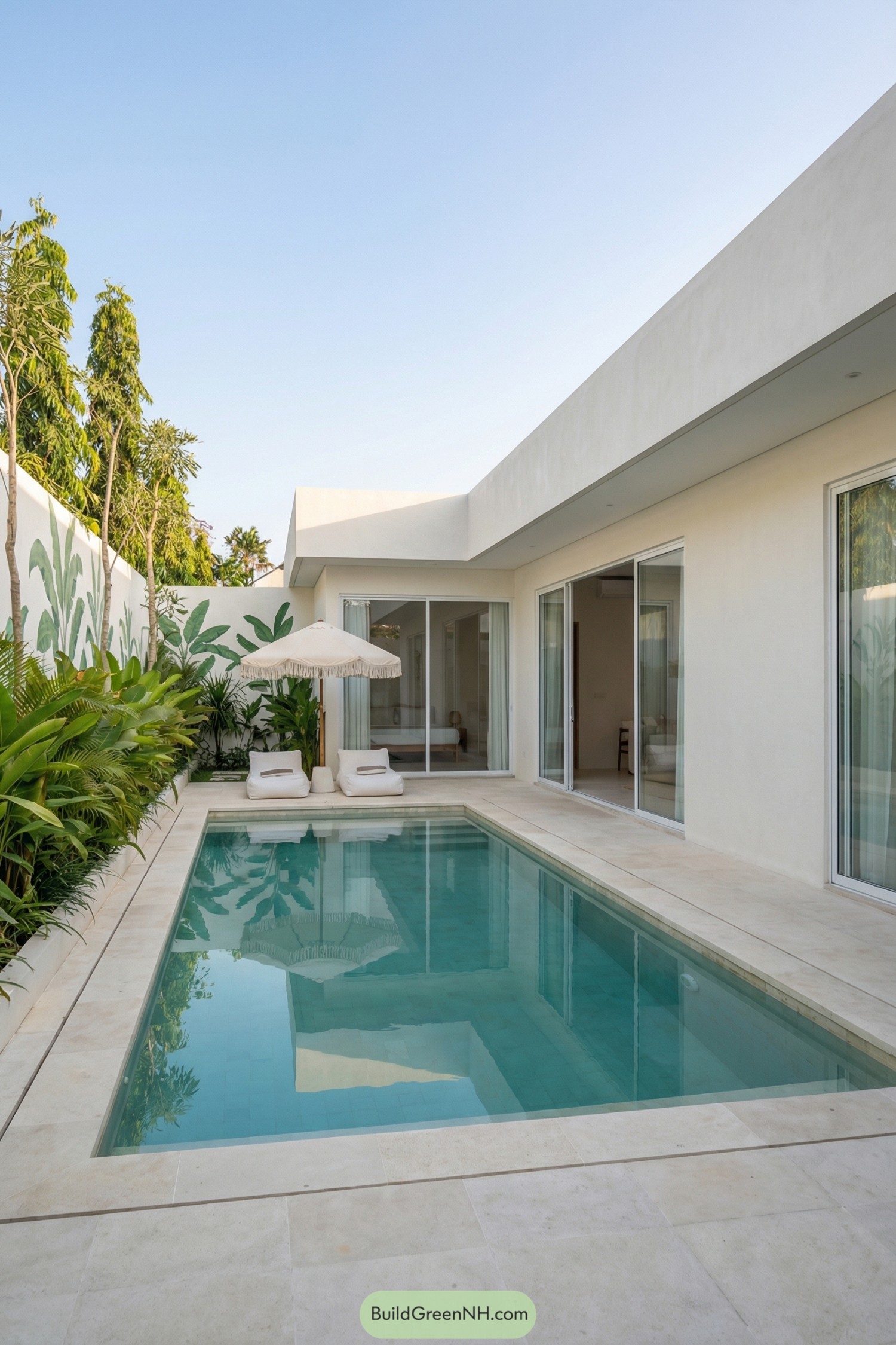 Compact courtyard villa with rectangular pool, lush planting, and sliding glass doors opening to a private patio