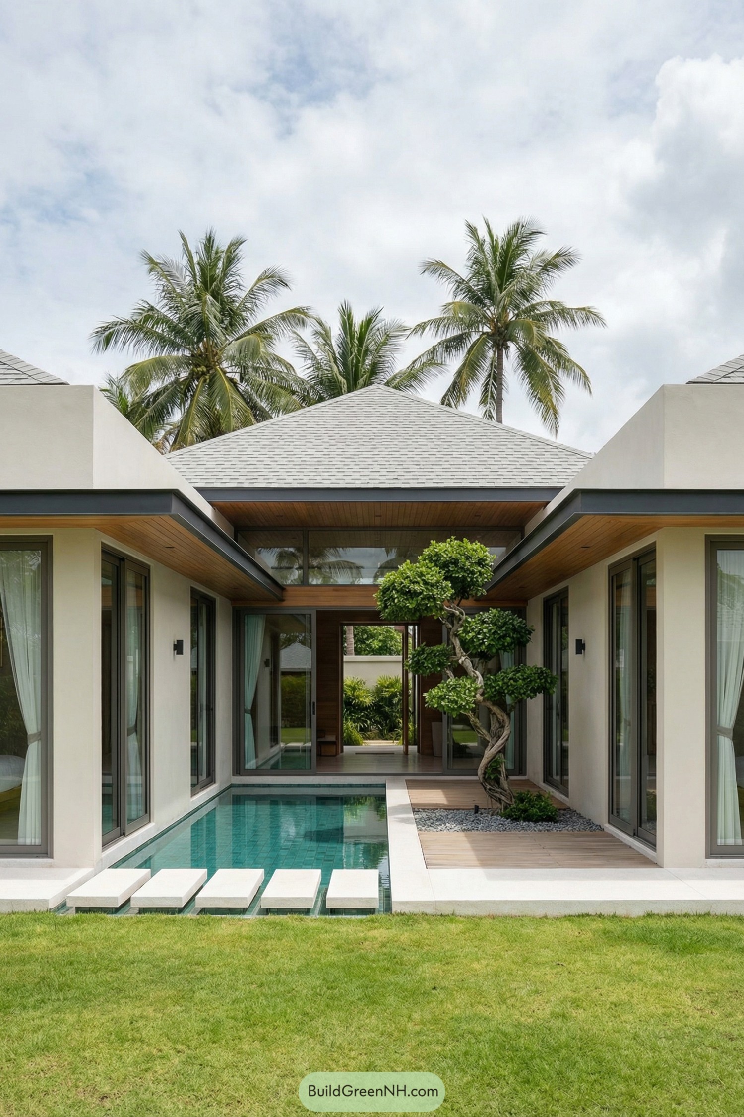 Modern courtyard villa with narrow pool, stepping pads, and sculpted tree framed by palm trees