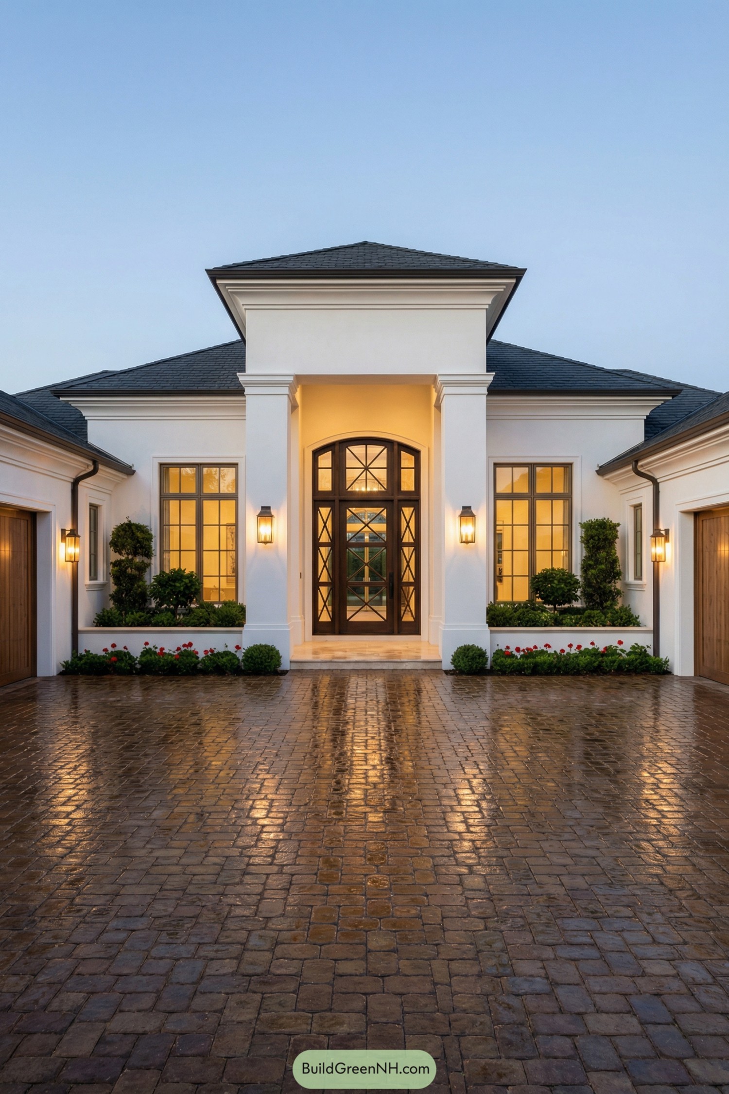 Front view of a single story villa with tall central entry, warm lights and cobblestone drive