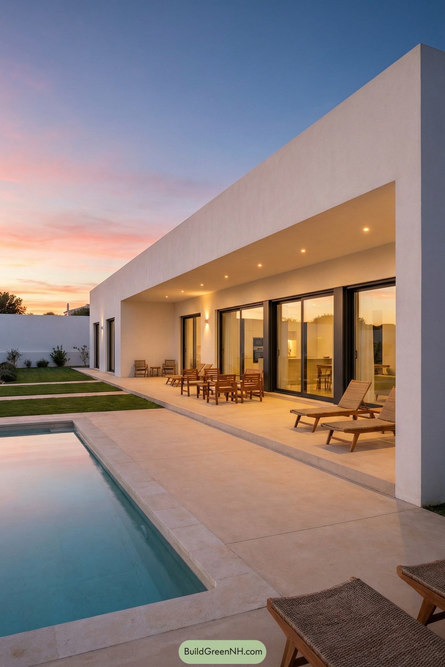 Modern white single story villa with pool at sunset